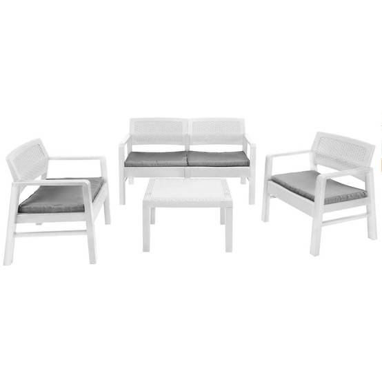Salon de jardin 4 pièces Canapé 2 places + 2 fauteuils + Table basse Résine Blanche - Image 1