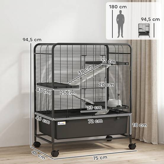 Cage pour rongeurs acier noir 75 x 46 x 94.5 cm - PANGIVO - Image 5