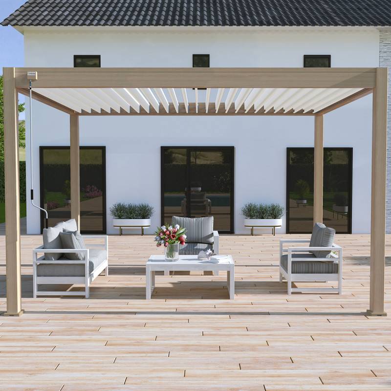 Ombrea - Pergola bioclimatique autoportée WOODLOOK collection VS 3x4M + 1 store manuel 3M Blanc - Image 3