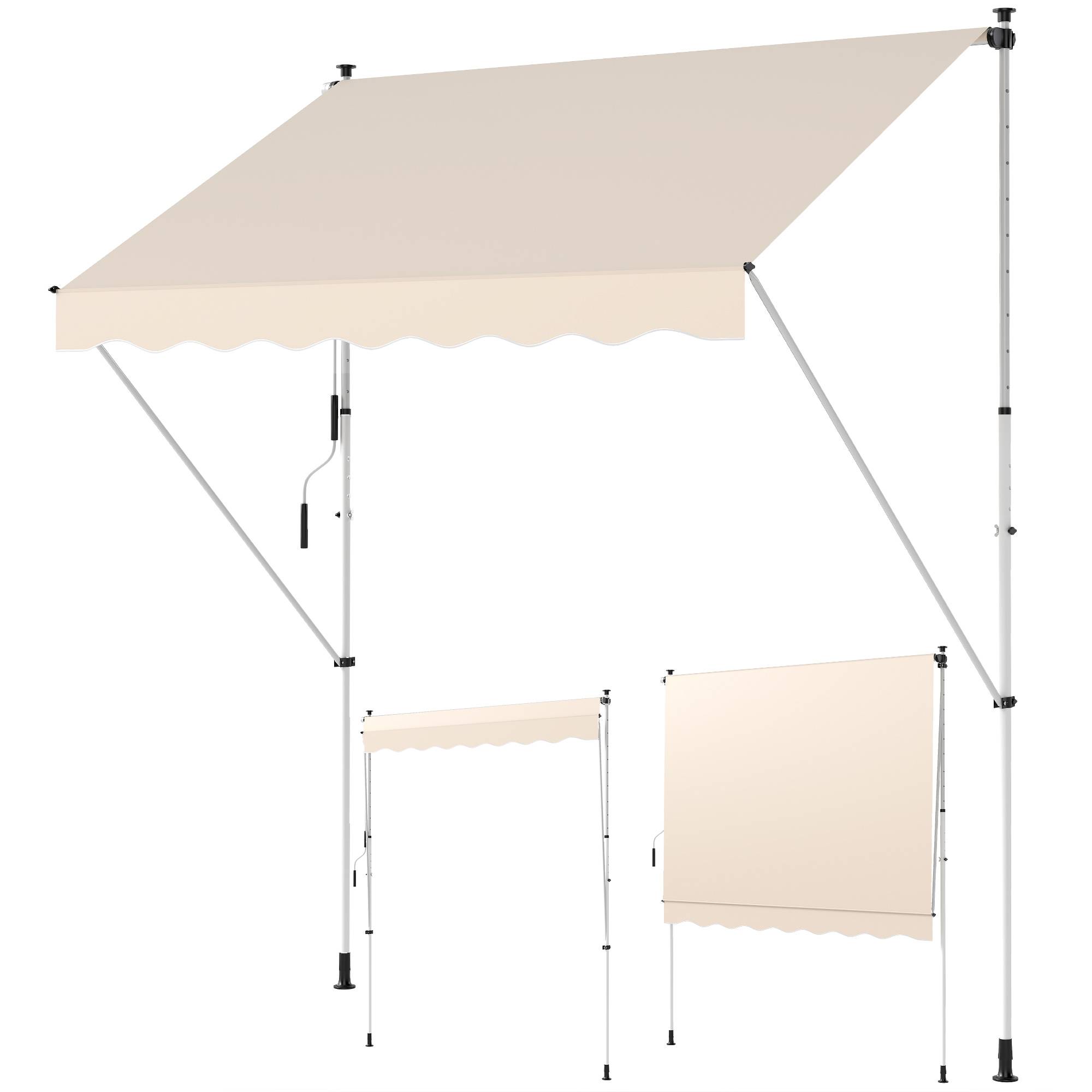 Store banne rétractable manuelle 300 x 150 x 170-280 cm avec hauteur réglable, manivelle et protection solaire pour terrasse, beige - Image 1