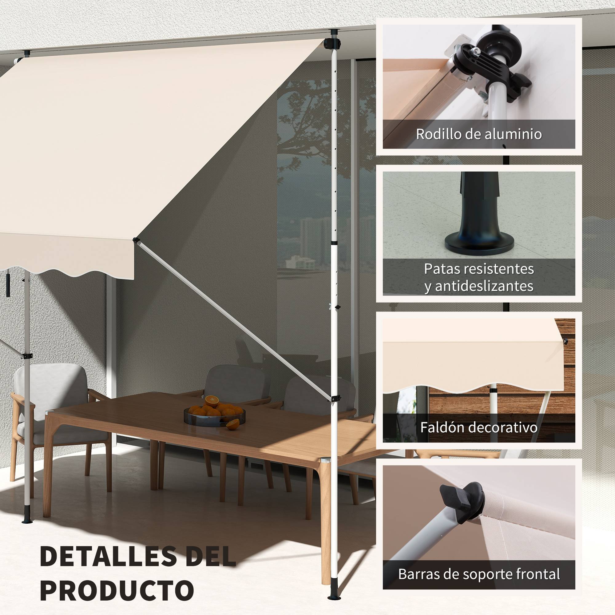 Store banne rétractable manuelle 300 x 150 x 170-280 cm avec hauteur réglable, manivelle et protection solaire pour terrasse, beige - Image 7