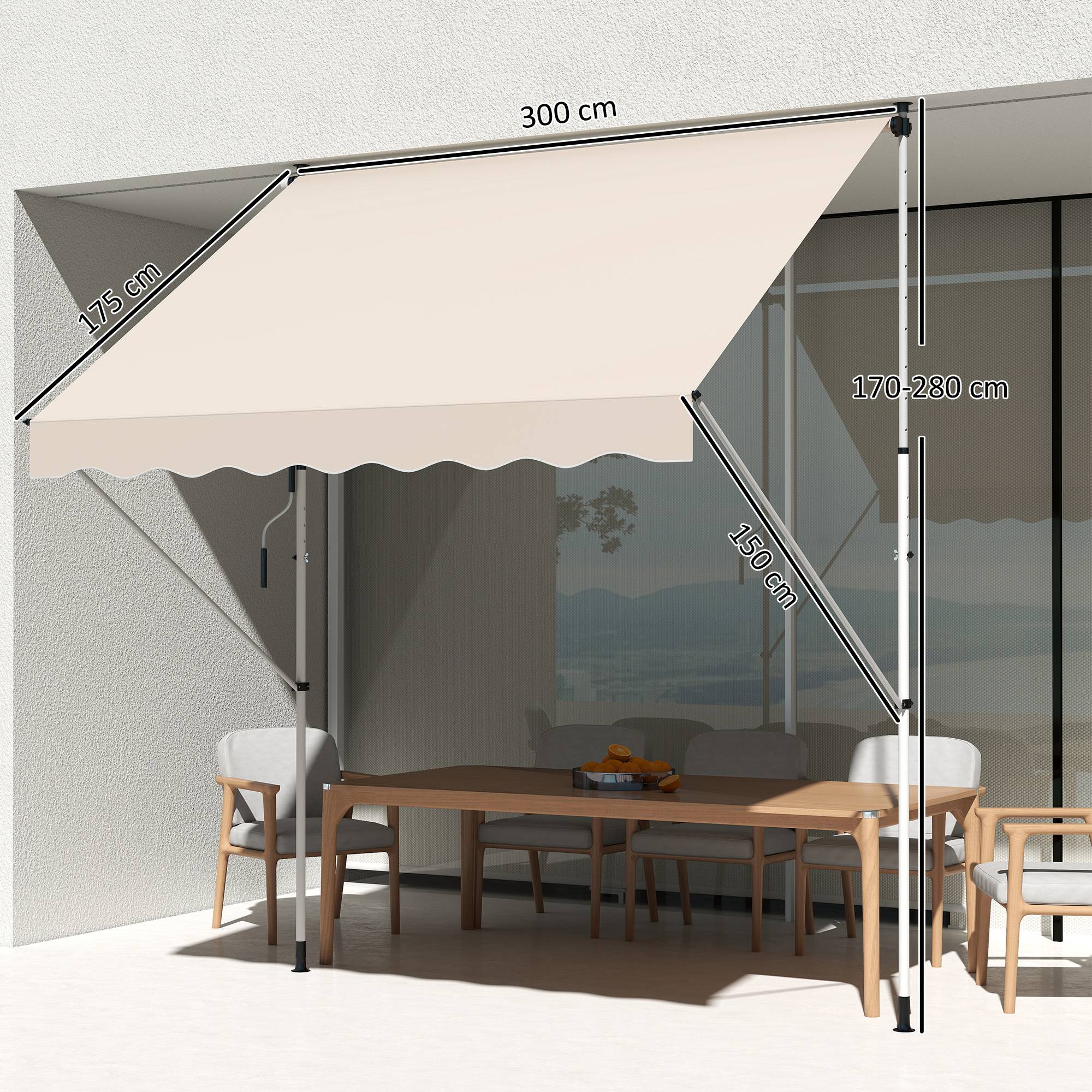 Store banne rétractable manuelle 300 x 150 x 170-280 cm avec hauteur réglable, manivelle et protection solaire pour terrasse, beige - Image 5