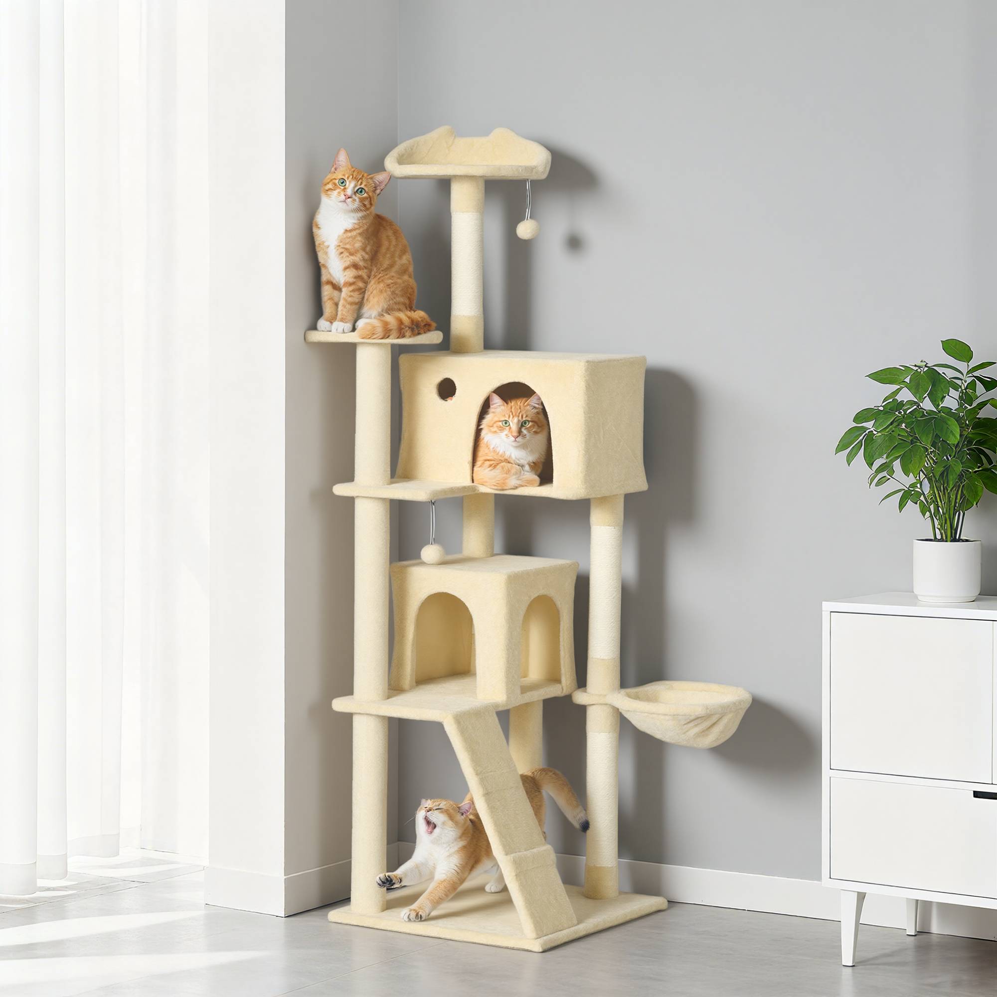 arbre à chat beige 180 cm plateformes lit 2 grottes hamac échelle sisal chat intérieur grand format stable - Image 4