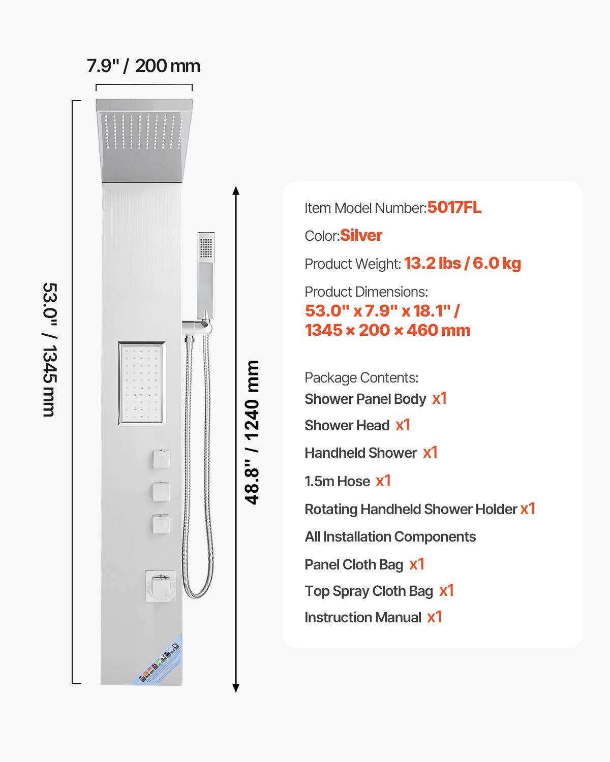 VEVOR Colonne douche avec pommeau pluie, acier inox brossé, robinet 3 fonctions, jet corporel et main. - Image 7