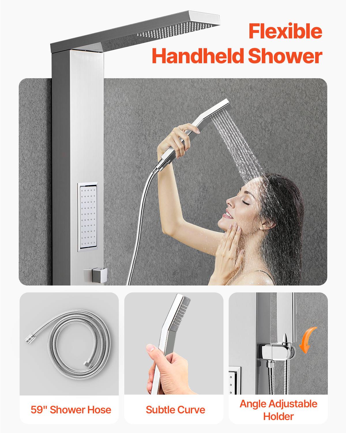 VEVOR Colonne douche avec pommeau pluie, acier inox brossé, robinet 3 fonctions, jet corporel et main. - Image 4