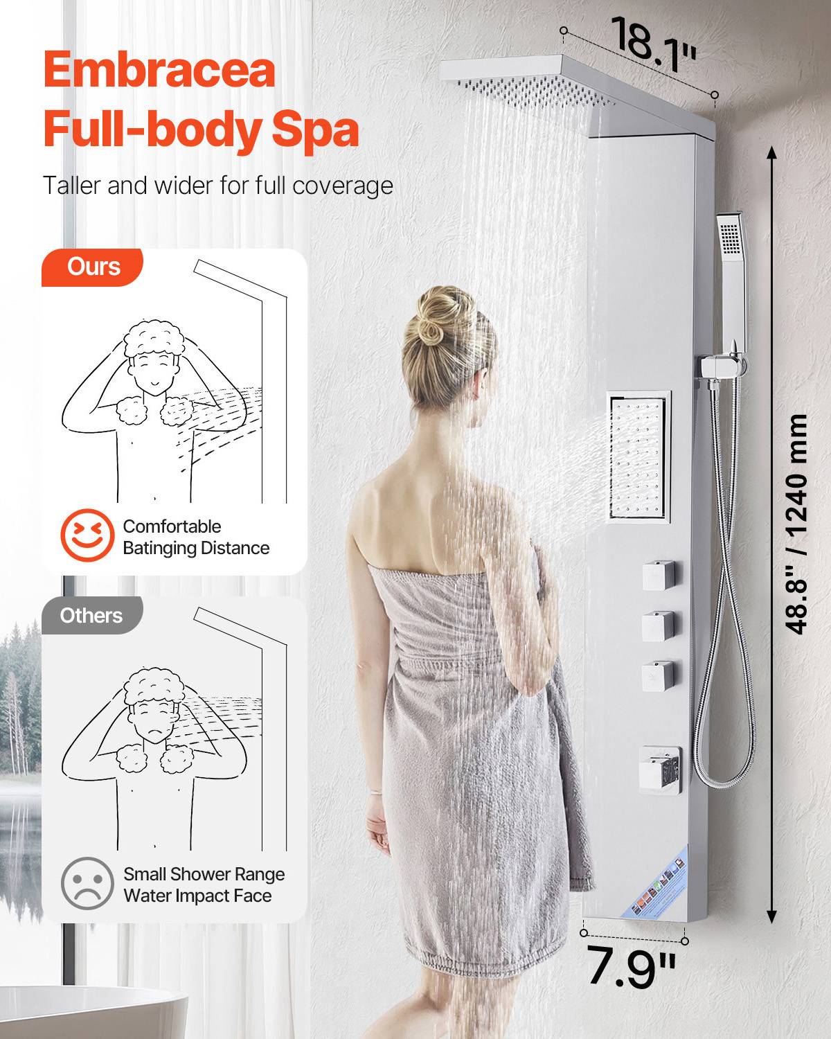 VEVOR Colonne douche avec pommeau pluie, acier inox brossé, robinet 3 fonctions, jet corporel et main. - Image 2