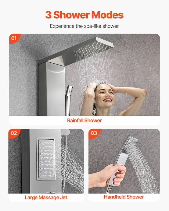 VEVOR Colonne douche avec pommeau pluie, acier inox brossé, robinet 3 fonctions, jet corporel et main. - Image 3