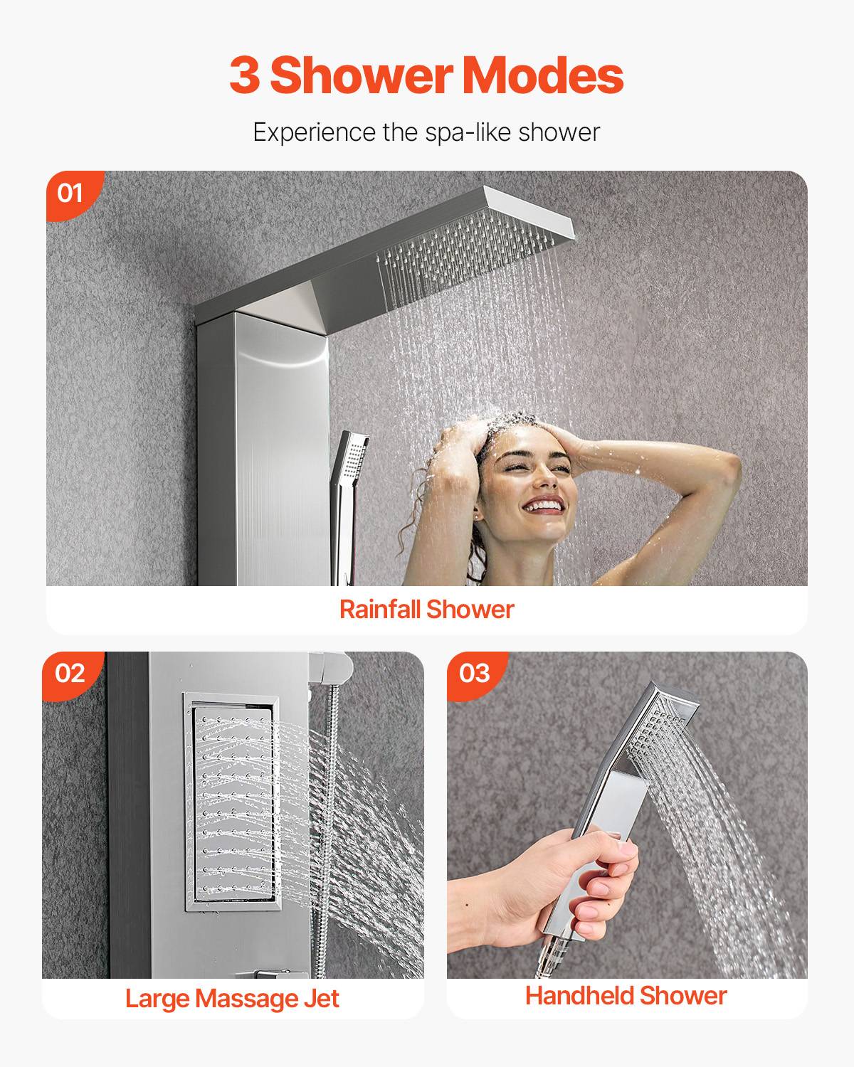 VEVOR Colonne douche avec pommeau pluie, acier inox brossé, robinet 3 fonctions, jet corporel et main. - Image 3