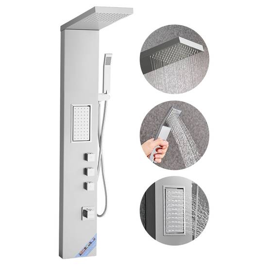 VEVOR Colonne douche avec pommeau pluie, acier inox brossé, robinet 3 fonctions, jet corporel et main. - Image 1
