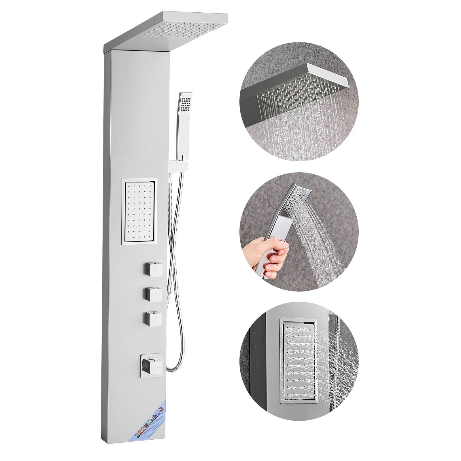 VEVOR Colonne douche avec pommeau pluie, acier inox brossé, robinet 3 fonctions, jet corporel et main. - Image 1