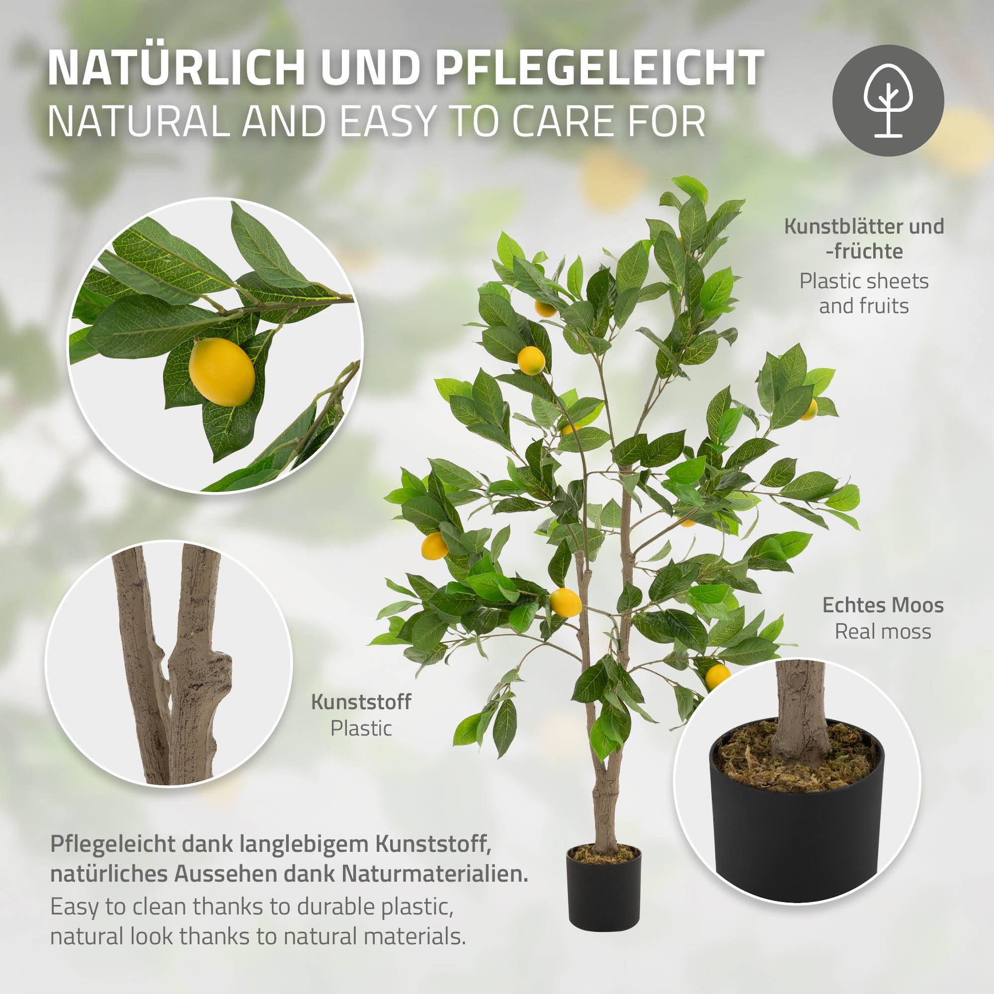 Plante artificielle citronnier 130 cm faux arbre décoratif imitation réaliste en plastique avec fruits de citron pot inclus pour intérieur extérieur - Image 3