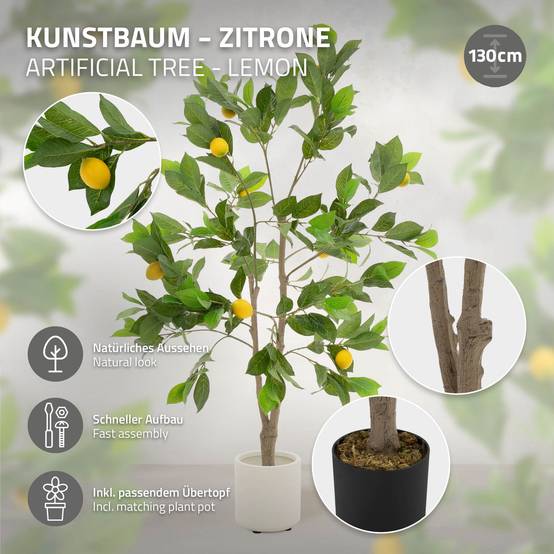 Plante artificielle citronnier 130 cm faux arbre décoratif imitation réaliste en plastique avec fruits de citron pot inclus pour intérieur extérieur - Image 2