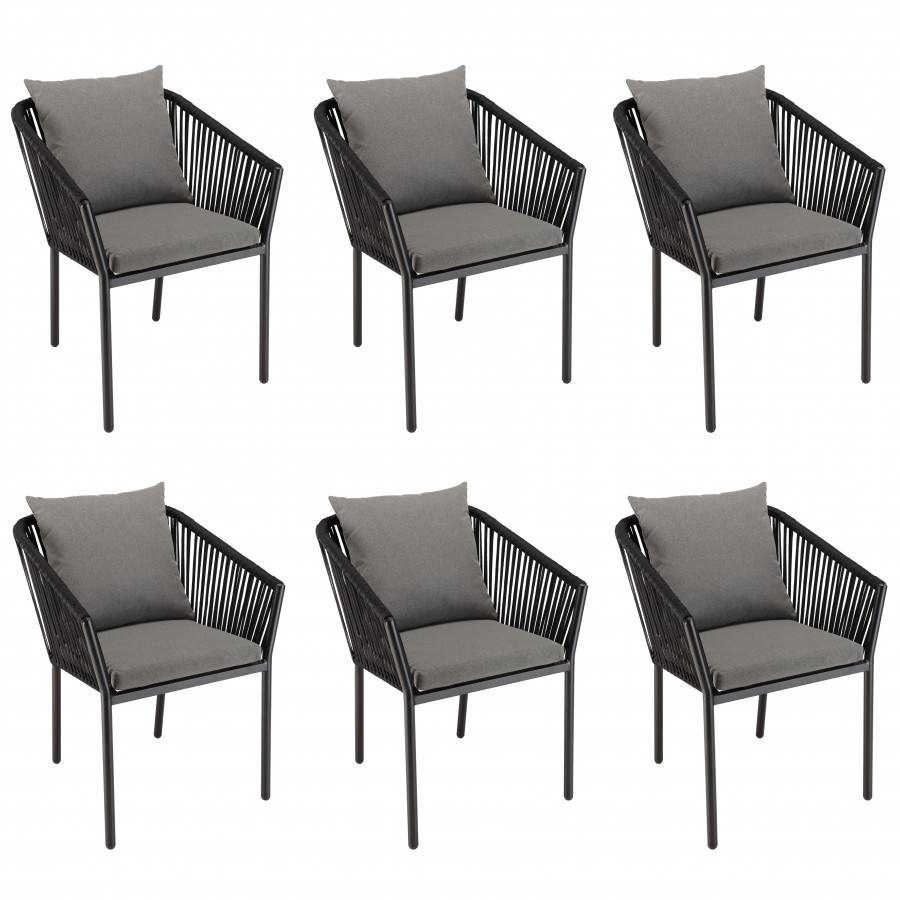 Macabane - MALO - SALON DE JARDIN 6 PERS. - 1 Table rectangulaire 180x100cm et 6 fauteuils gris et noirs avec coussin - Image 10