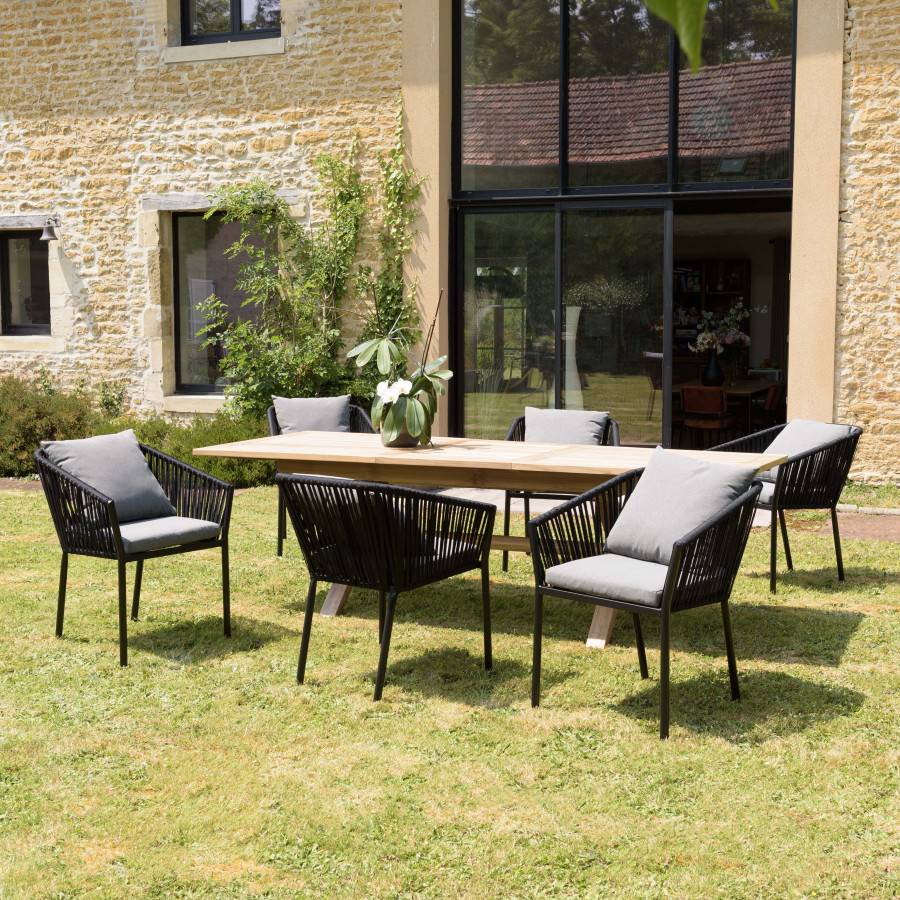 Macabane - MALO - SALON DE JARDIN 6 PERS. - 1 Table rectangulaire 180x100cm et 6 fauteuils gris et noirs avec coussin - Image 2