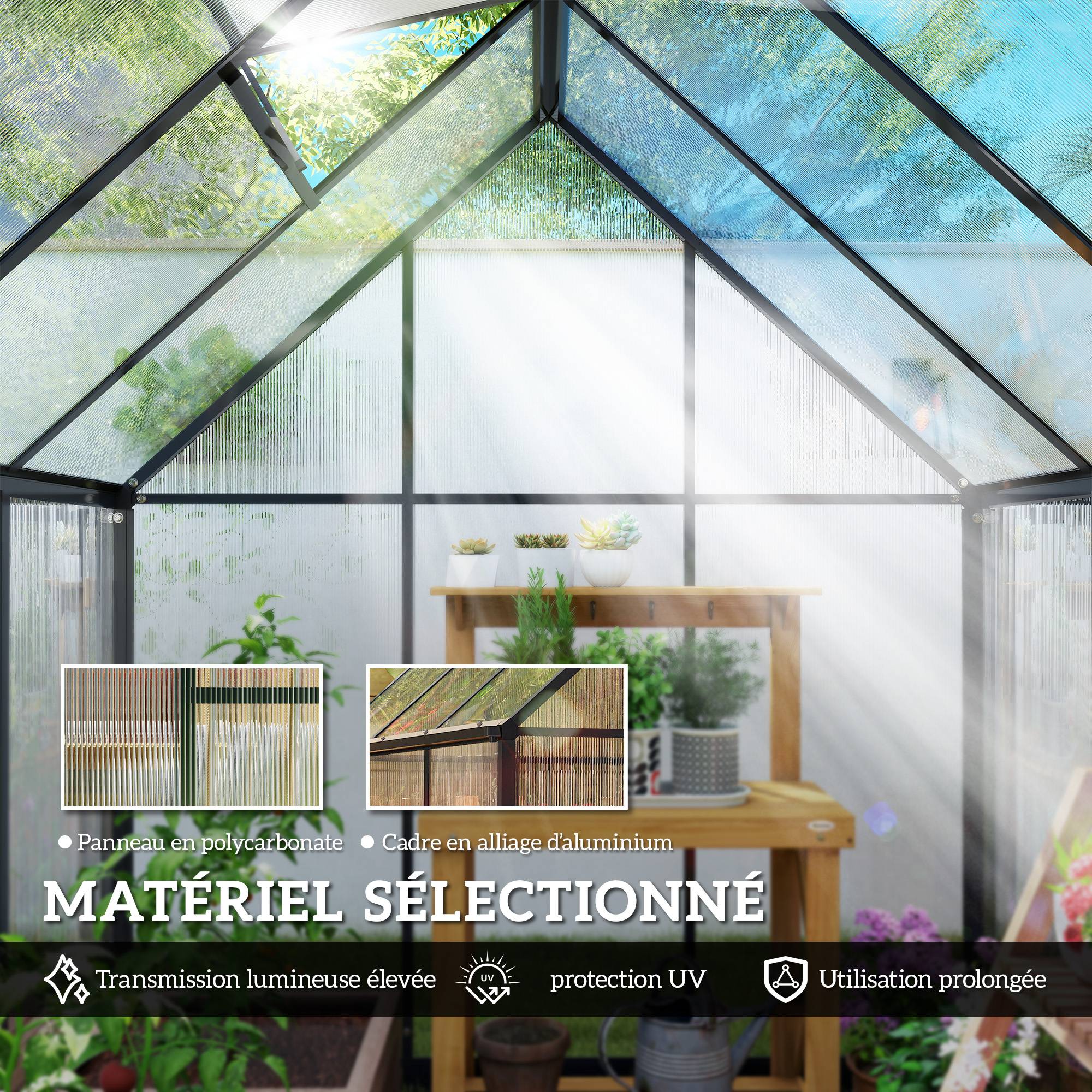 Serre de jardin en aluminium polycarbonate, serre avec fenêtre réglable porte battante résistant intempéries transparent - Image 7