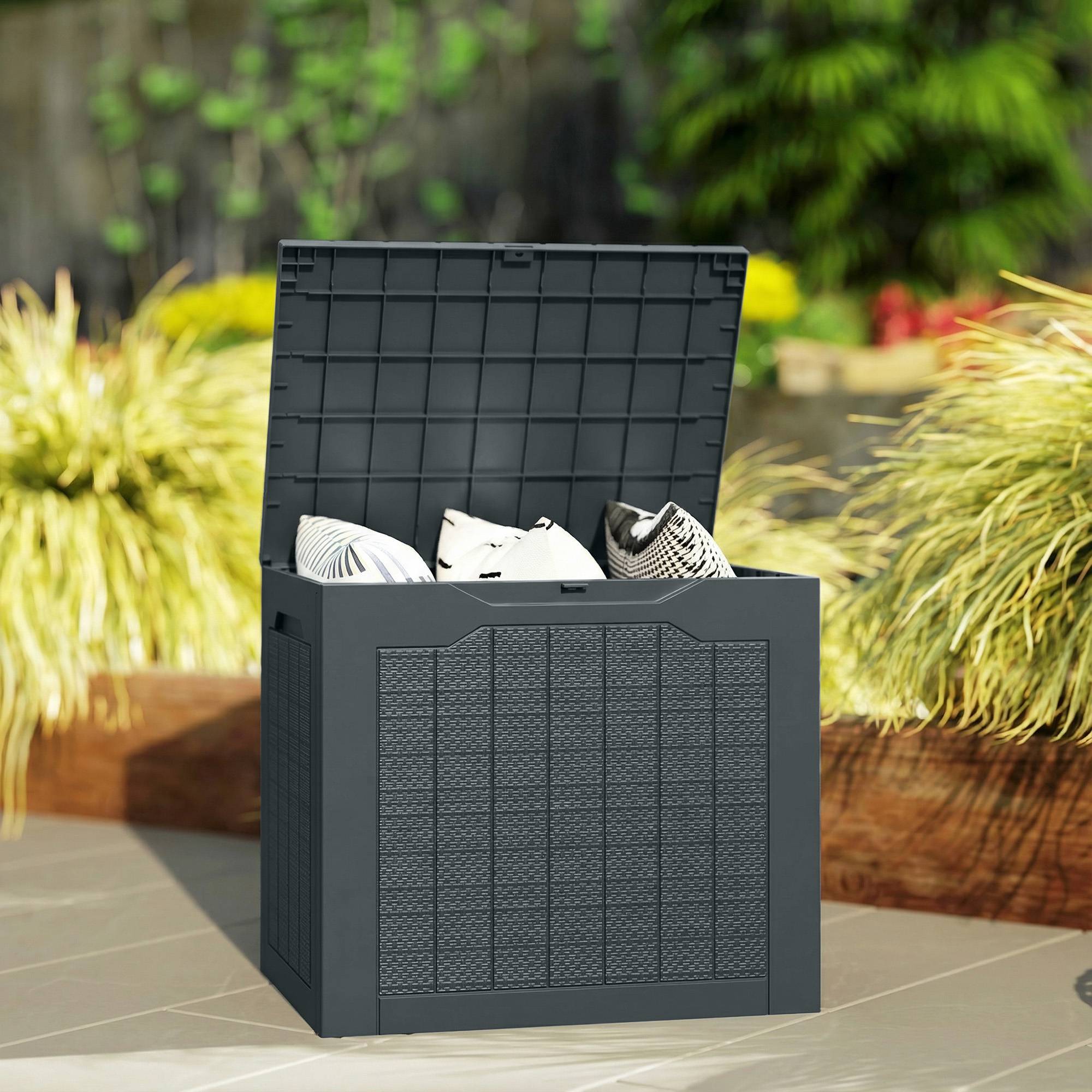 Coffre de rangement extérieur 97L avec poignées encastrées, malle de rangement extérieur étanche 56x41x50cm, gris foncé - Image 4