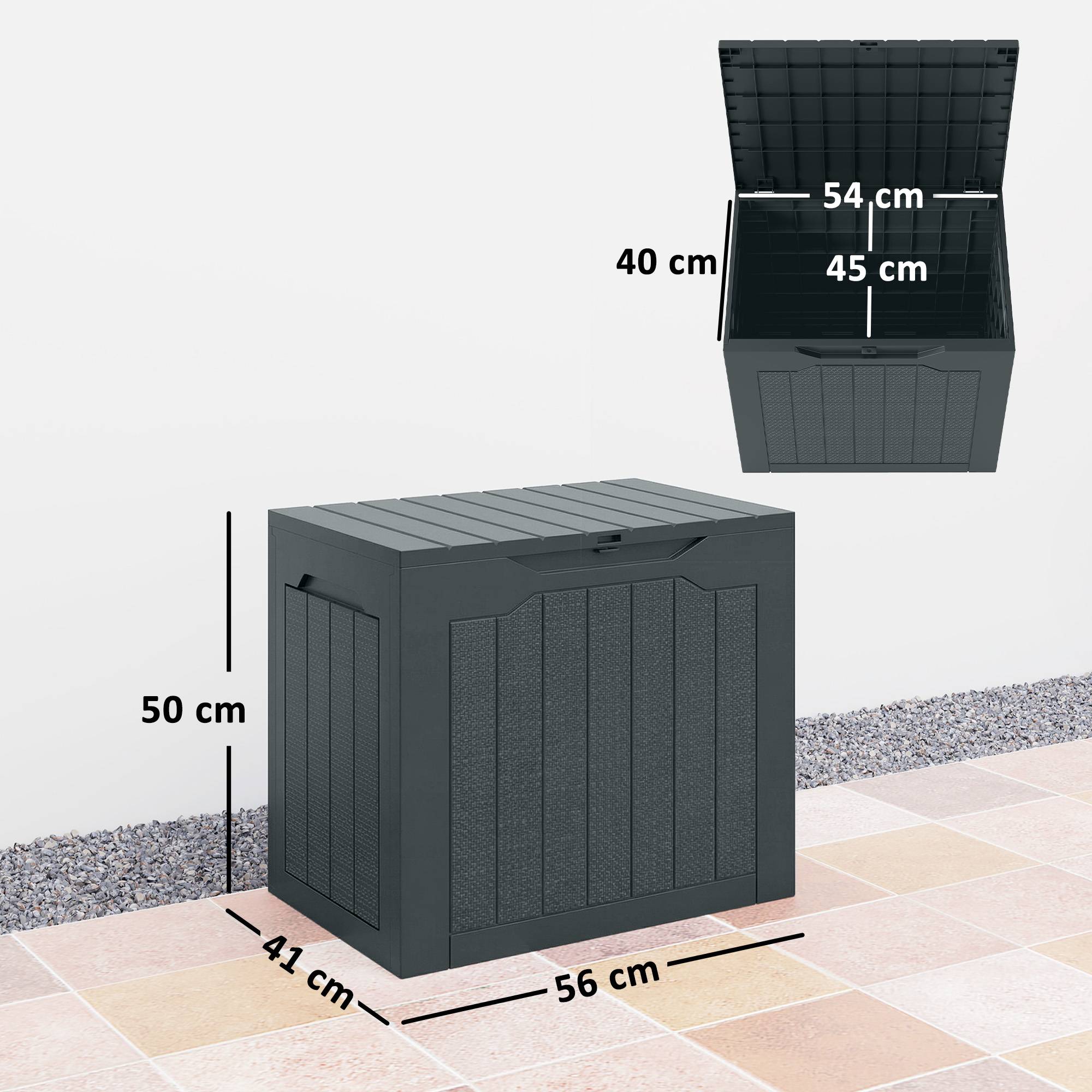 Coffre de rangement extérieur 97L avec poignées encastrées, malle de rangement extérieur étanche 56x41x50cm, gris foncé - Image 5
