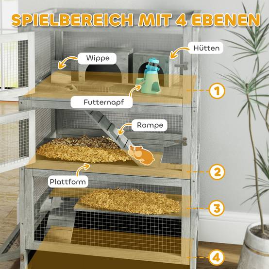 Cage Hamster Bois Sapin 4 Niveaux Sur Roulettes Accessoires Inclus 109cm Gris - ComfortXL Pet Living - Image 4