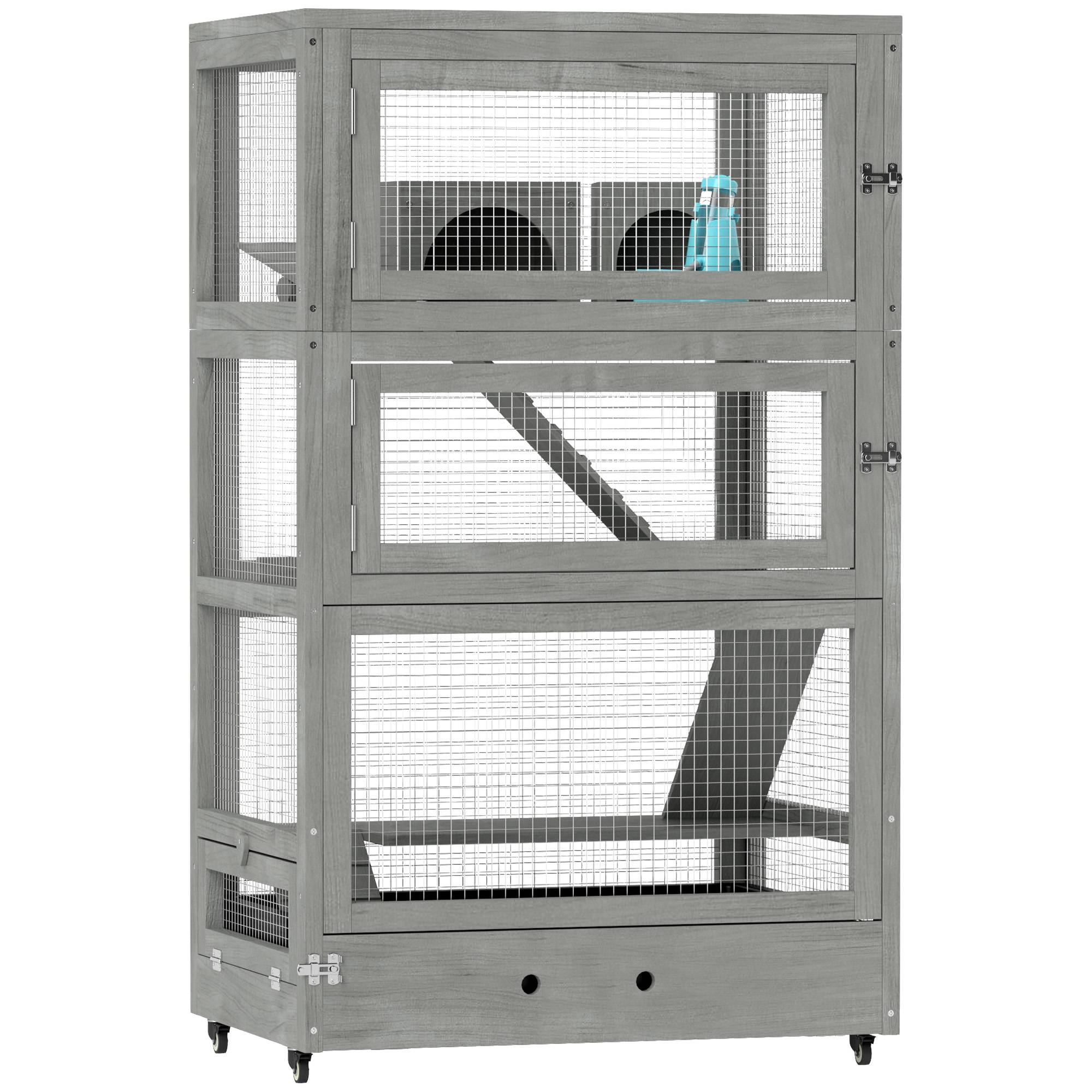 Cage Hamster Bois Sapin 4 Niveaux Sur Roulettes Accessoires Inclus 109cm Gris - ComfortXL Pet Living - Image 1