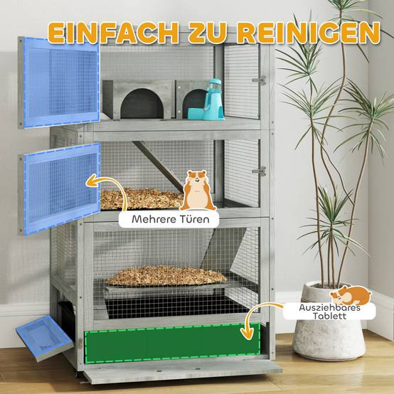 Cage Hamster Bois Sapin 4 Niveaux Sur Roulettes Accessoires Inclus 109cm Gris - ComfortXL Pet Living - Image 5