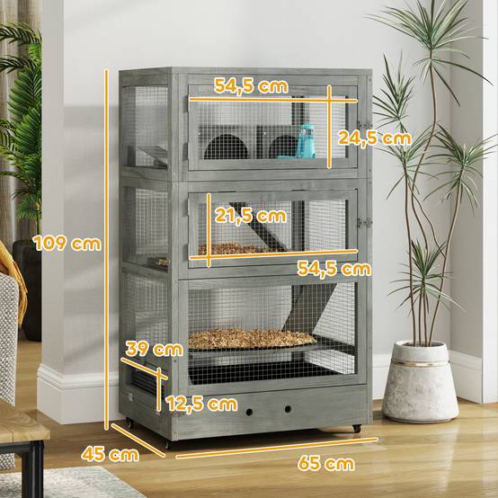 Cage Hamster Bois Sapin 4 Niveaux Sur Roulettes Accessoires Inclus 109cm Gris - ComfortXL Pet Living - Image 2