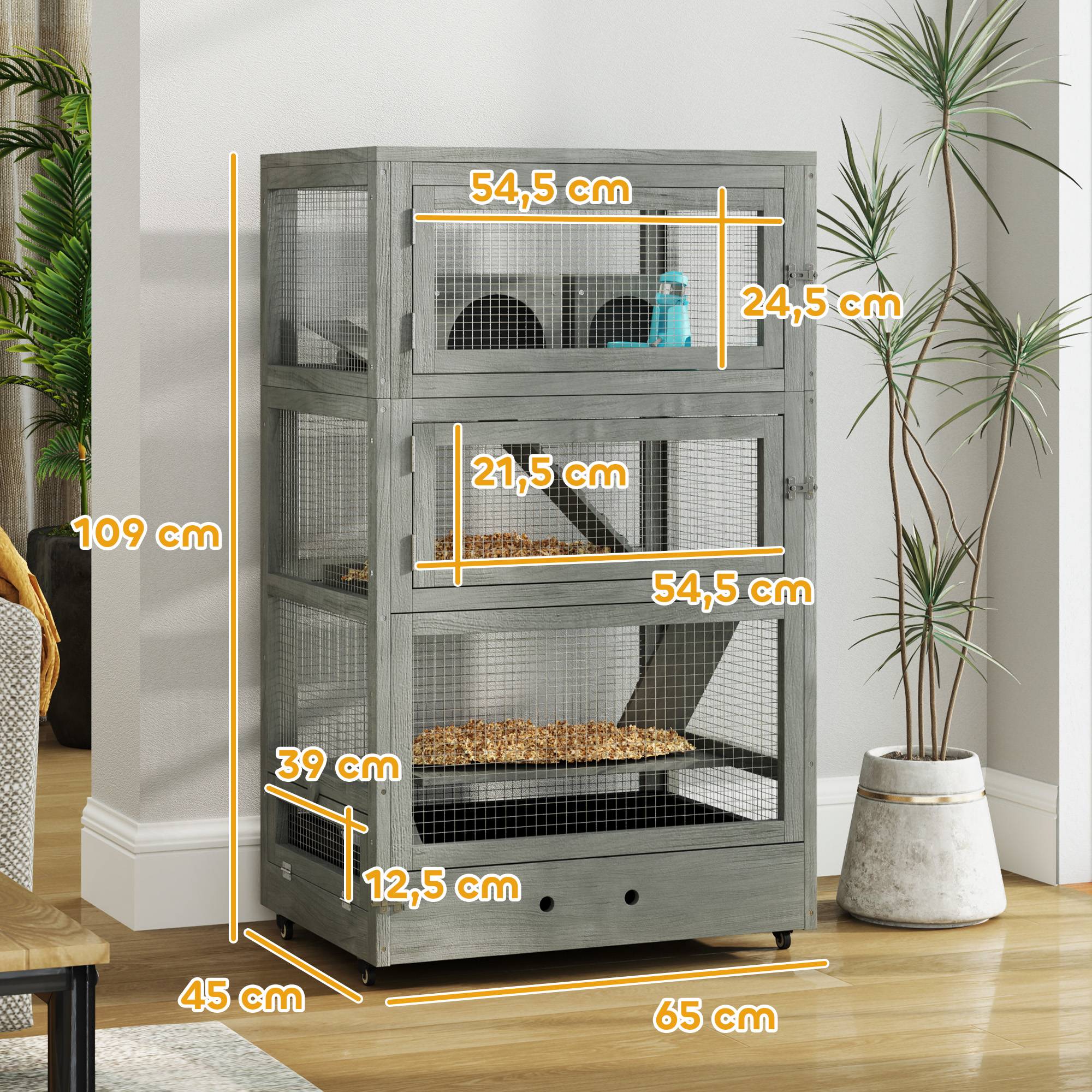 Cage Hamster Bois Sapin 4 Niveaux Sur Roulettes Accessoires Inclus 109cm Gris - ComfortXL Pet Living - Image 2