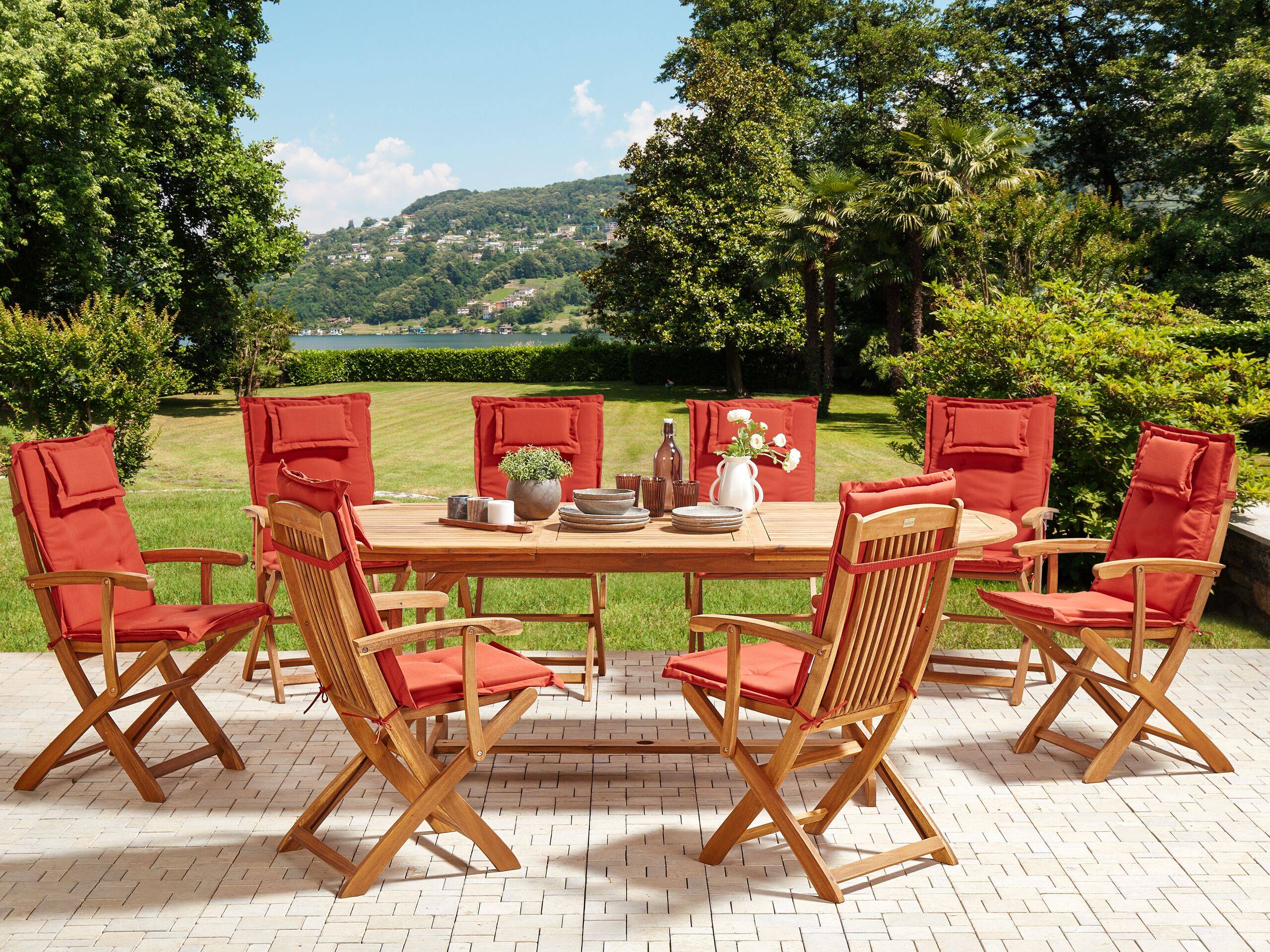 Beliani - Set de salle à manger, 8 Personnes Acacia Rouge foncé MAUI II - 220x100x74- Beliani - Image 1