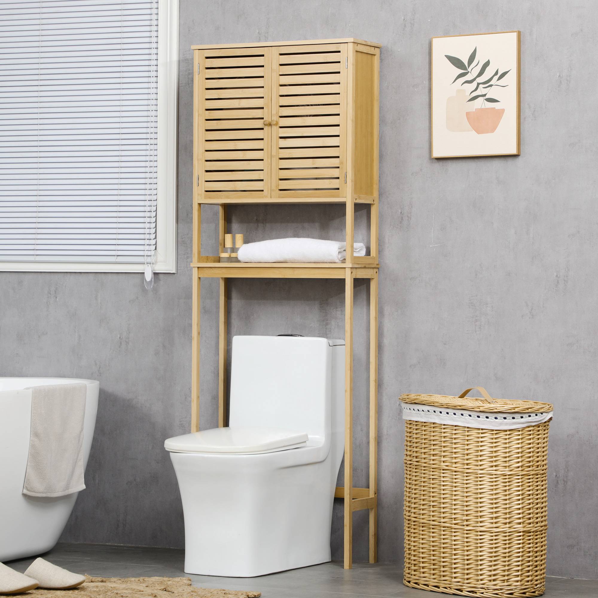 Sans Marque - Meuble salle bain bambou naturel 2 portes 1 étagère intérieure 1 support rangement lave-linge WC 60x23x173 cm - Image 4