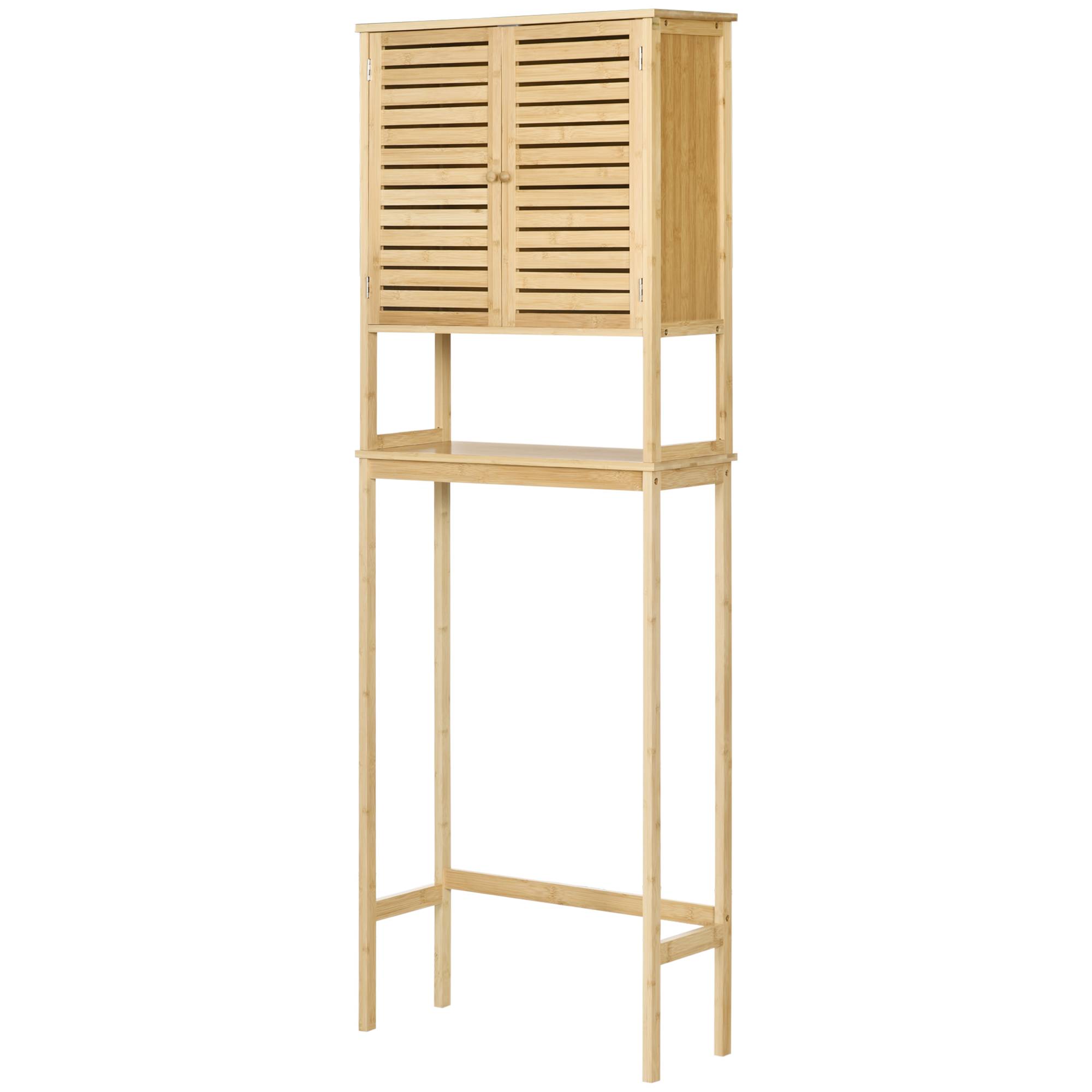 Sans Marque - Meuble salle bain bambou naturel 2 portes 1 étagère intérieure 1 support rangement lave-linge WC 60x23x173 cm - Image 2