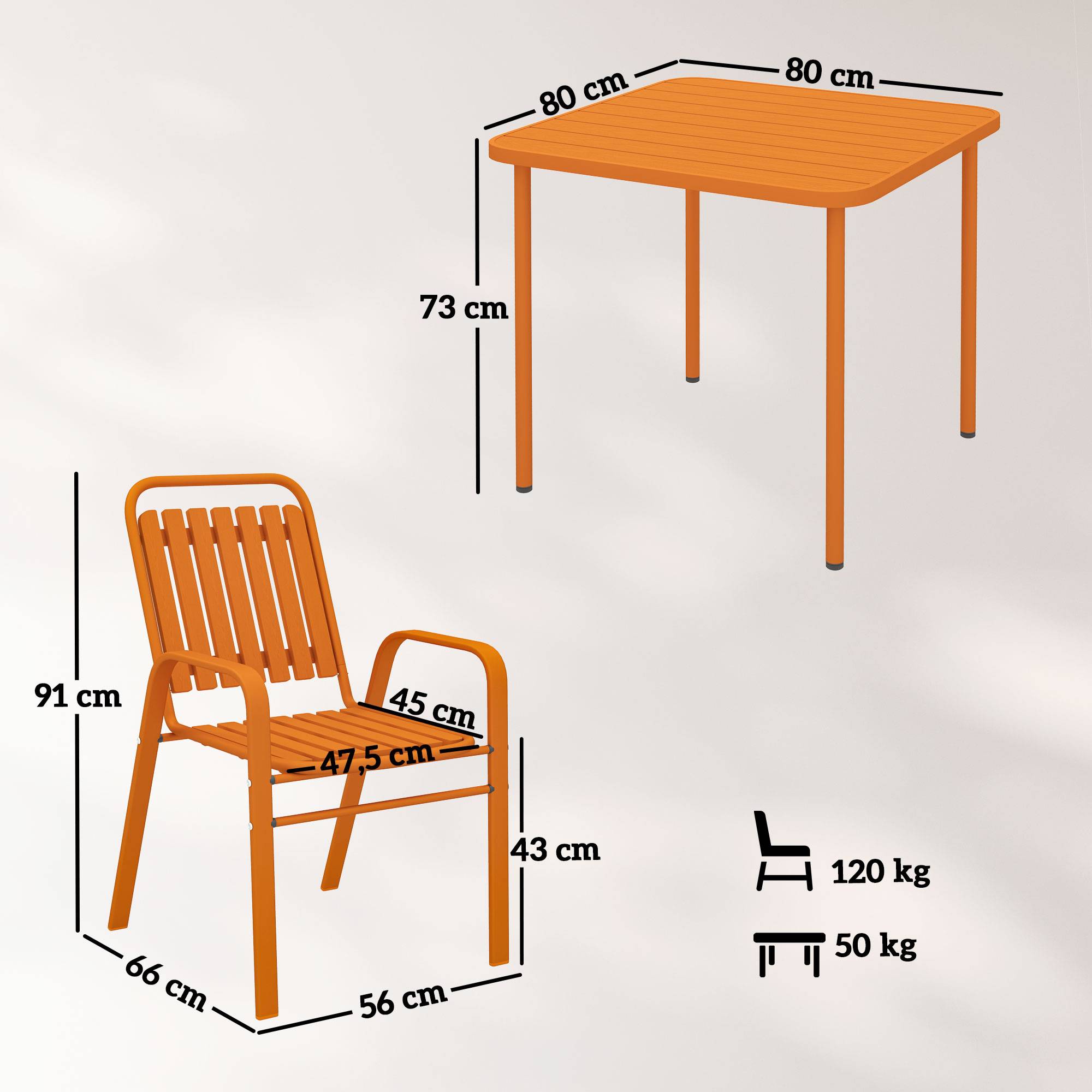 Outsunny - Table de jardin extérieure avec 4 chaises empilables plateau à lattes 80 cm - structure en acier anti-rouille - orange - Outsunny - Image 3