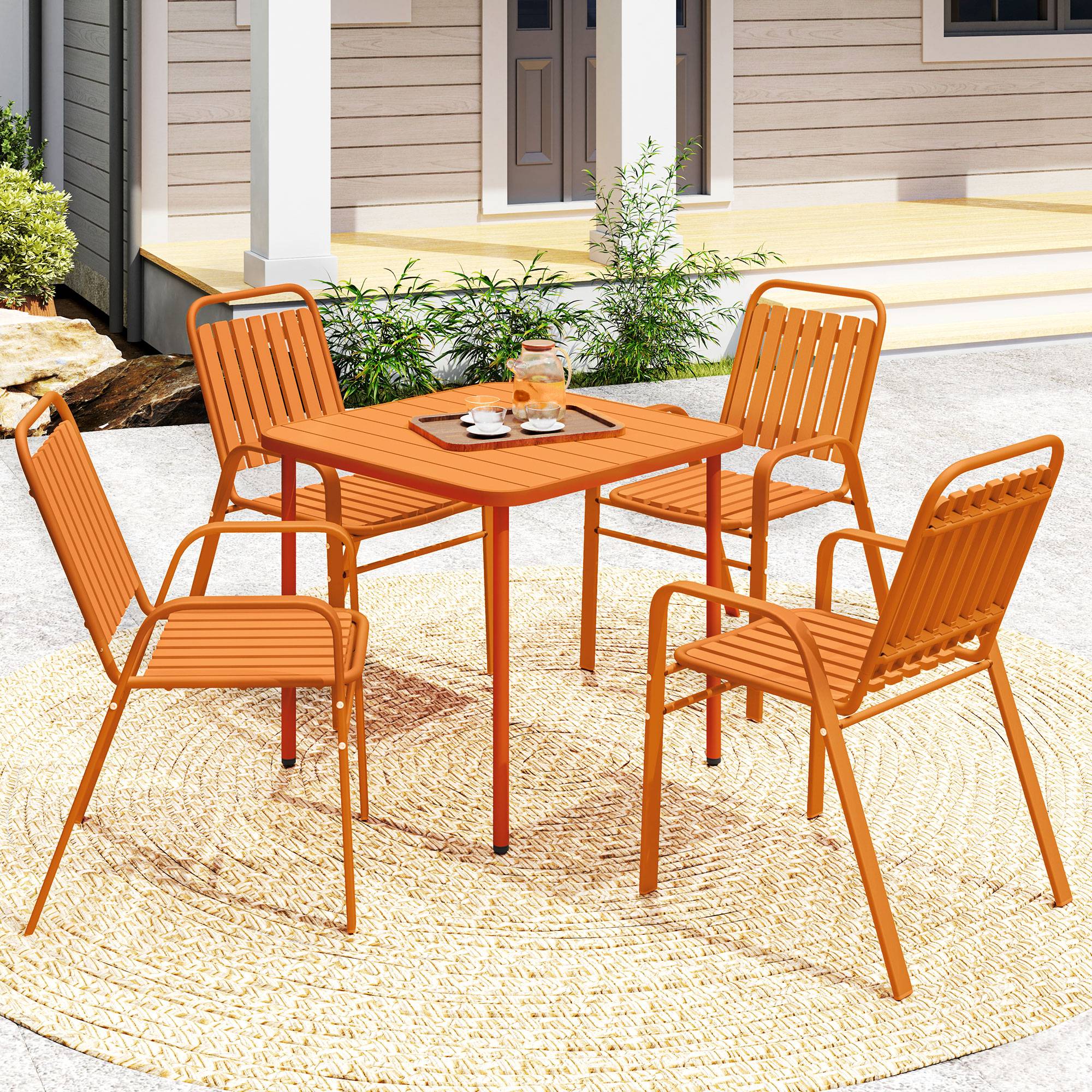 Outsunny - Table de jardin extérieure avec 4 chaises empilables plateau à lattes 80 cm - structure en acier anti-rouille - orange - Outsunny - Image 4