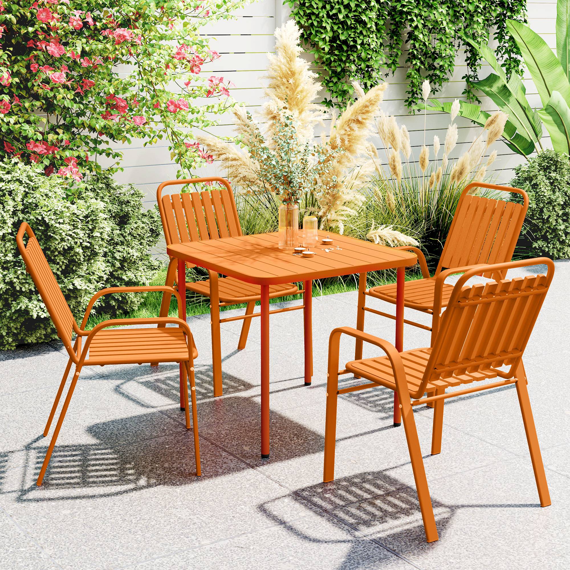 Outsunny - Table de jardin extérieure avec 4 chaises empilables plateau à lattes 80 cm - structure en acier anti-rouille - orange - Outsunny - Image 2