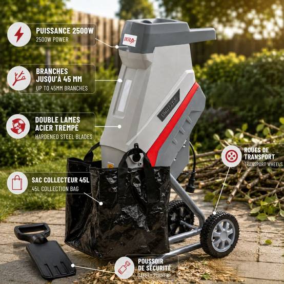 Broyeur de végétaux électrique 2500W 2 Lames acier trempé Branches jusqu'à 45mm Sac 45L IKRA - Image 4