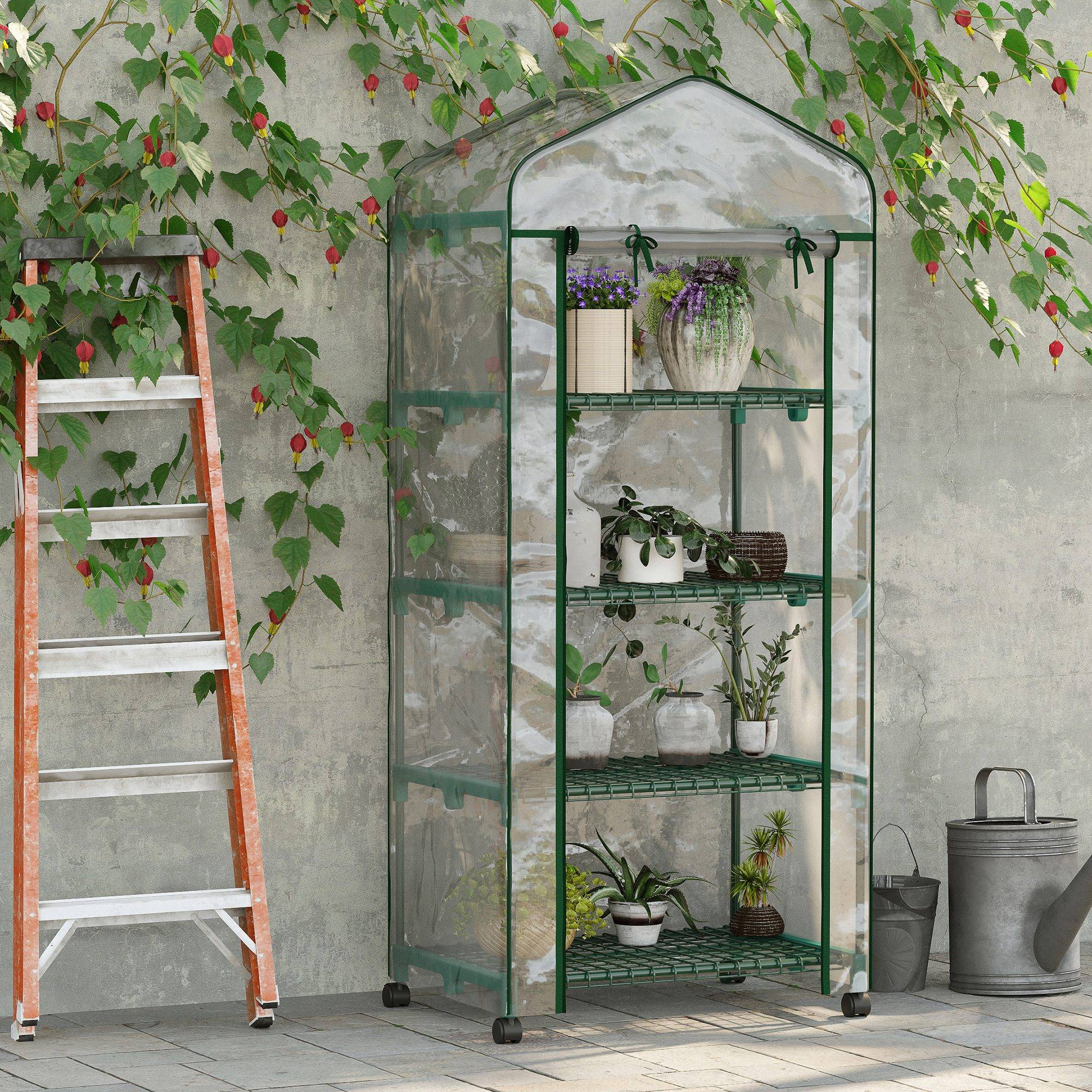 Serre de Balcon Transparente avec 4 Étagères, 69 x 50 x 165 cm, Châssis en Acier, Bâche Renforcée, pour Culture de Plantes, Fleurs et Légumes - Image 4