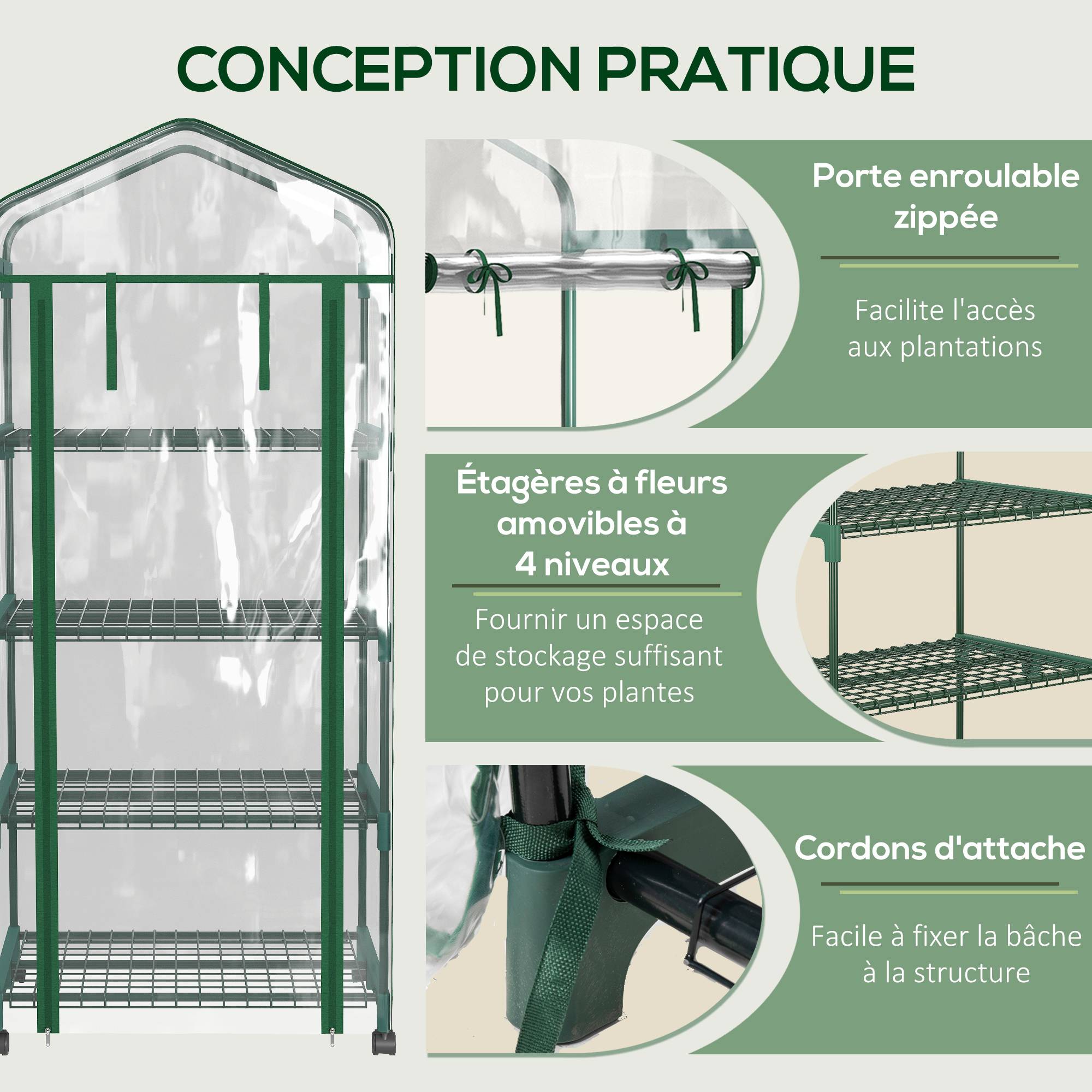 Serre de Balcon Transparente avec 4 Étagères, 69 x 50 x 165 cm, Châssis en Acier, Bâche Renforcée, pour Culture de Plantes, Fleurs et Légumes - Image 7