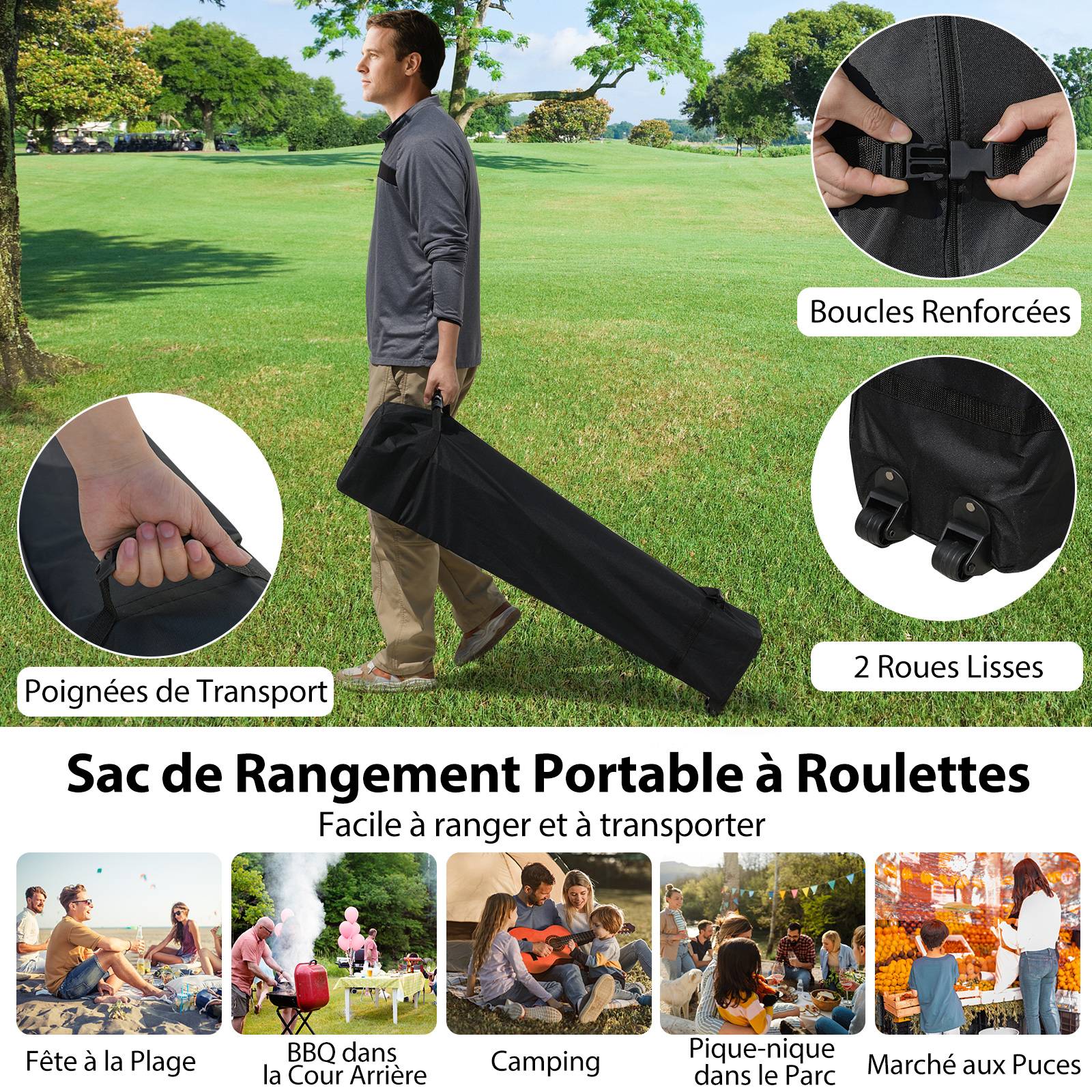 Tonnelle de Jardin 3X3 M avec Paroi Latérale, Tente Réception Pliant avec Sac à roulettes 8 Piquets 4 Ancrages, pour Fête Camping, Blanc - Image 5