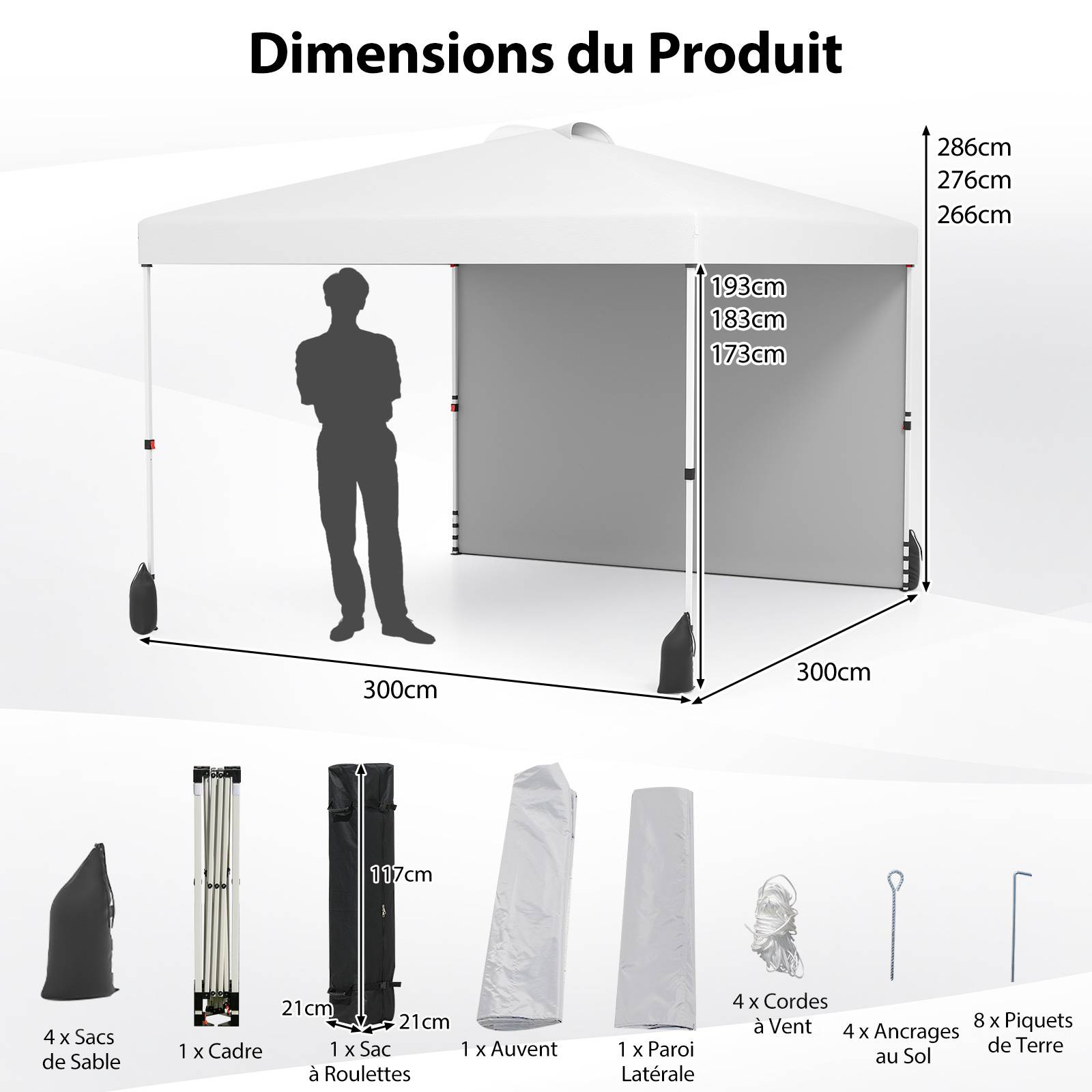 Tonnelle de Jardin 3X3 M avec Paroi Latérale, Tente Réception Pliant avec Sac à roulettes 8 Piquets 4 Ancrages, pour Fête Camping, Blanc - Image 3