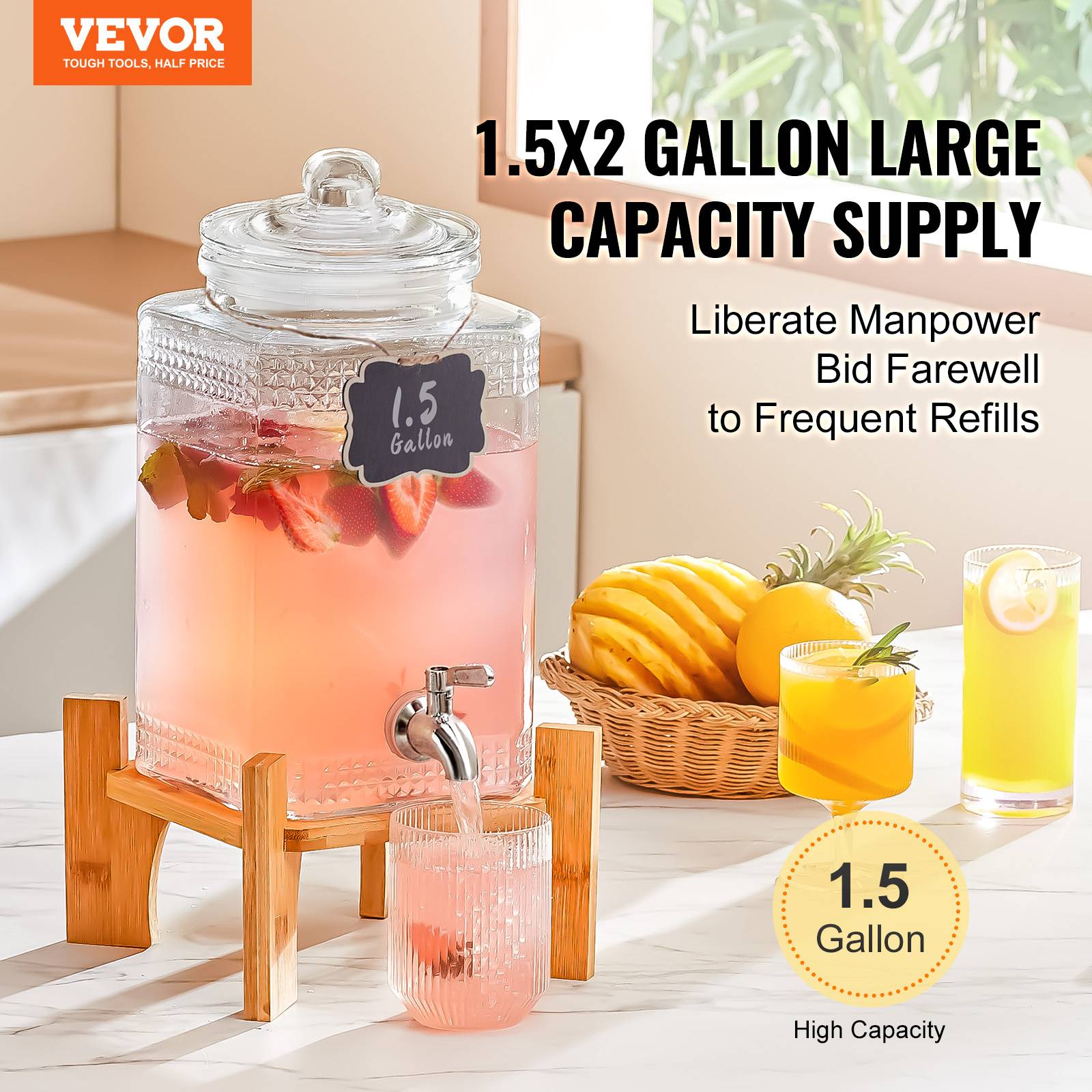 VEVOR Distributeur boissons 5,5 L, verre alimentaire, robinet inox. Pour jus, limonade, thé glacé, restaurant. - Image 2