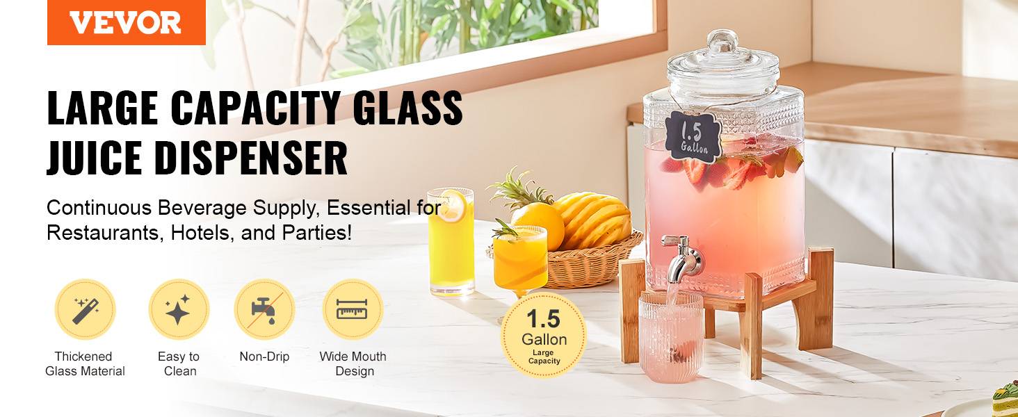 VEVOR Distributeur boissons 5,5 L, verre alimentaire, robinet inox. Pour jus, limonade, thé glacé, restaurant. - Image 9