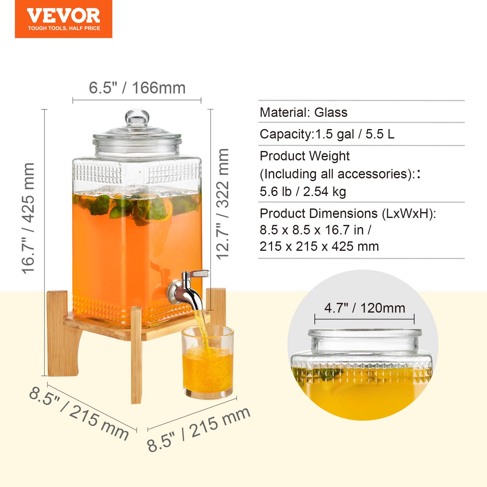 VEVOR Distributeur boissons 5,5 L, verre alimentaire, robinet inox. Pour jus, limonade, thé glacé, restaurant. - Image 7