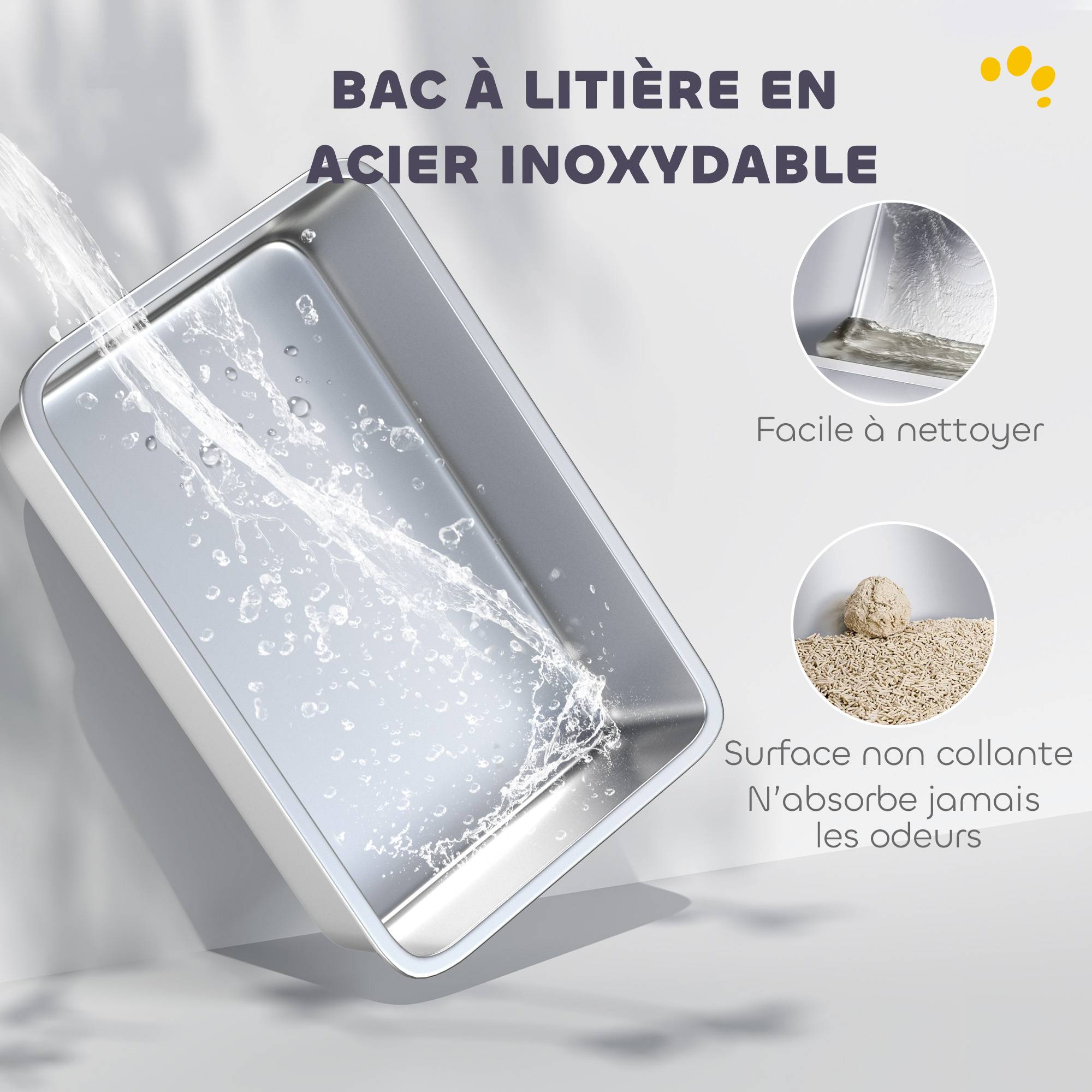 Bac à Litière XL en Acier Inoxydable, Parois Latérales Hautes, Pédale et Tapis Filtrants, Pelle, 60,2x40,2x29,6cm, Gris - Image 6
