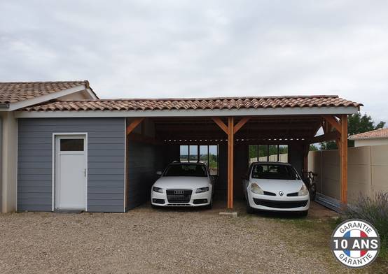 Cpbf Charpentes - Carport Bois Douglas Français 30 m² – 2 pentes adossé – 4 poteaux – Abri voiture extérieur – Garantie 10 ans - Image 1