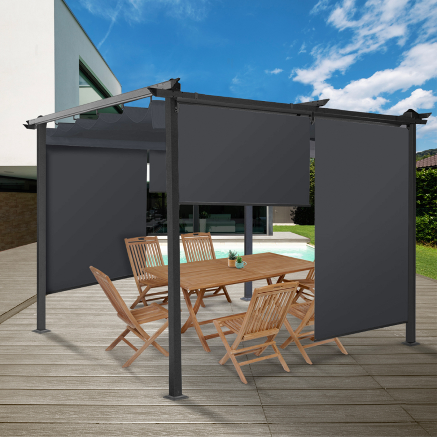 Lot de 2 stores enrouleurs L.124 x H. 225 CM pour pergola gris anthracite - Image 1