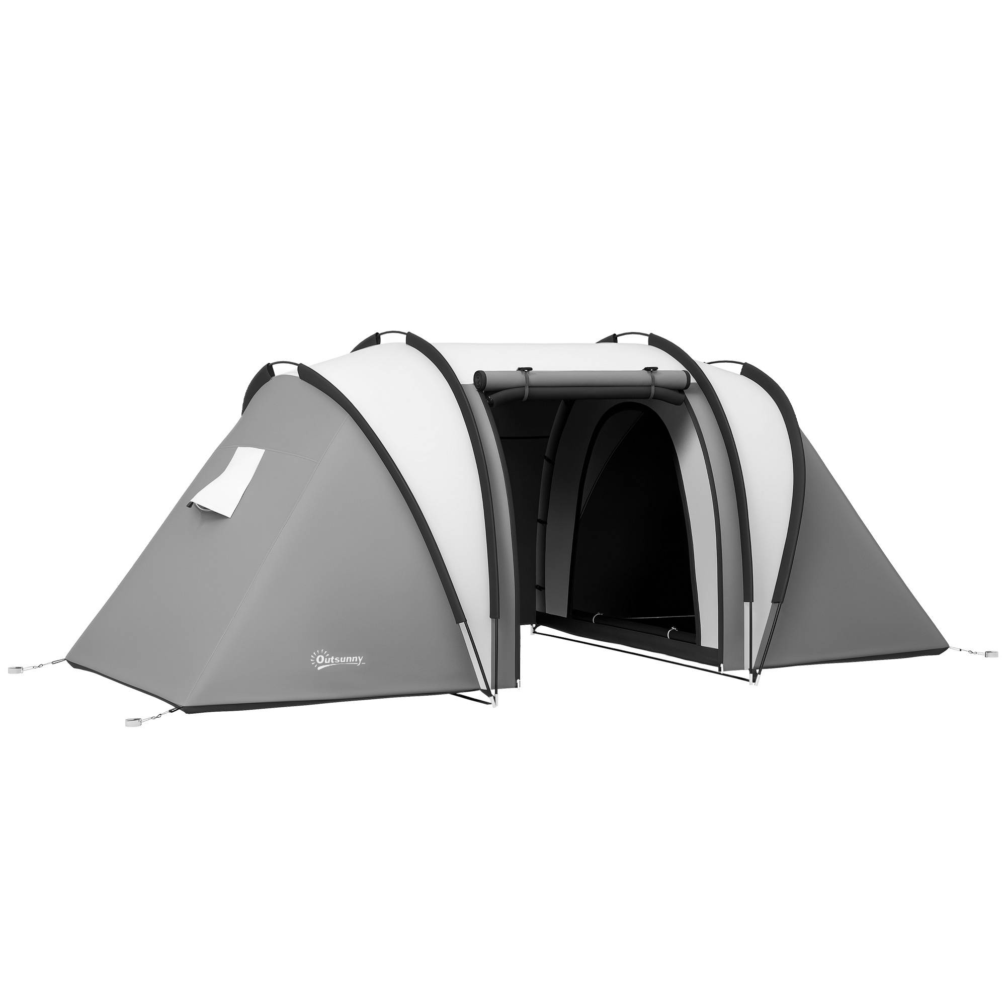 Tente familiale de camping pour 4 à 5 personnes avec 2 chambres séparées, portes et fenêtres, 450 x 220 x 180 cm, grise - Image 1