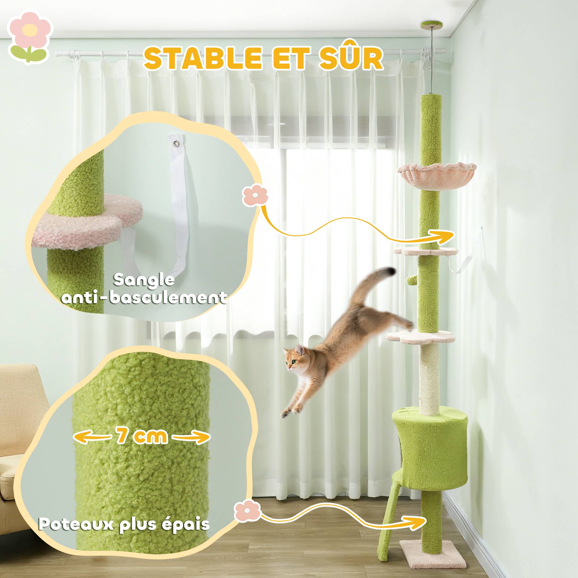 Arbre à chat du sol au plafond 5 niveaux hauteur réglable 220-240 cm plateformes fleur avec griffoir niche hamac vert - Image 9