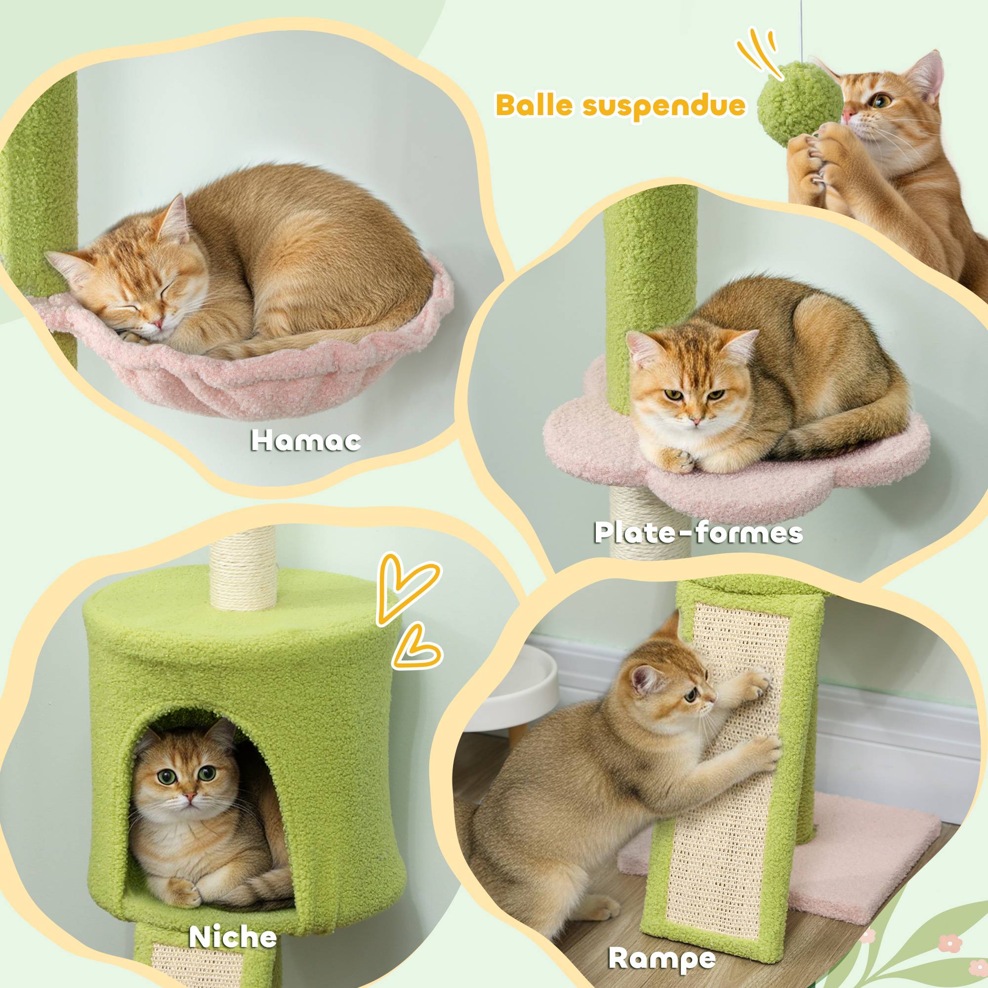 Arbre à chat du sol au plafond 5 niveaux hauteur réglable 220-240 cm plateformes fleur avec griffoir niche hamac vert - Image 7