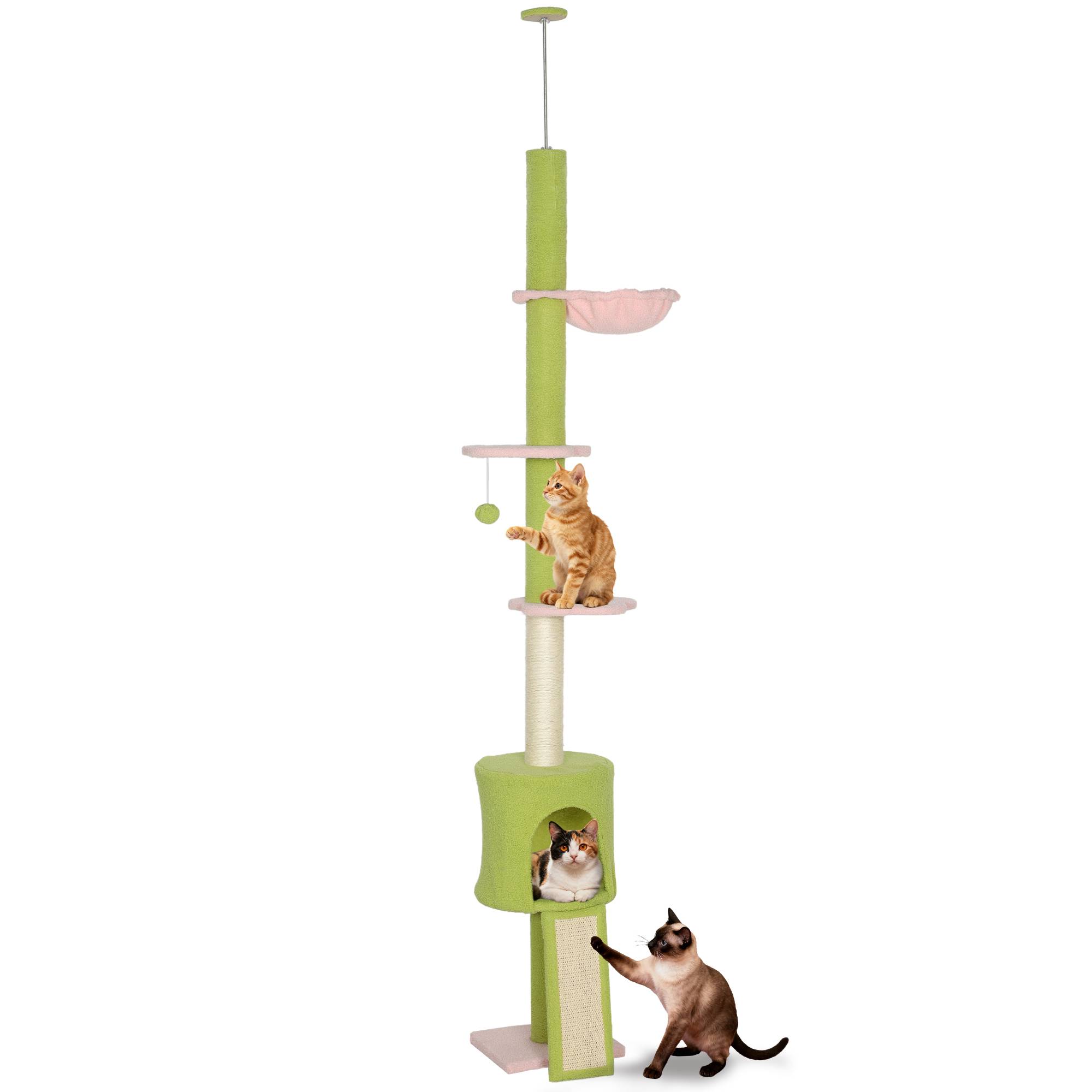 Arbre à chat du sol au plafond 5 niveaux hauteur réglable 220-240 cm plateformes fleur avec griffoir niche hamac vert - Image 1