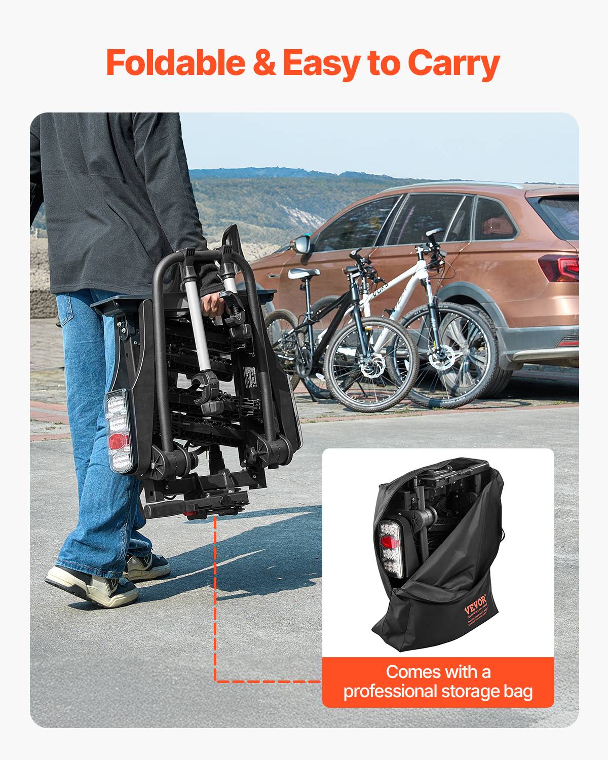 VEVOR Porte-vélos sur attelage, charge 65 kg (2 vélos). Compatible récepteur 5 cm, pliable, feu arrière. - Image 4