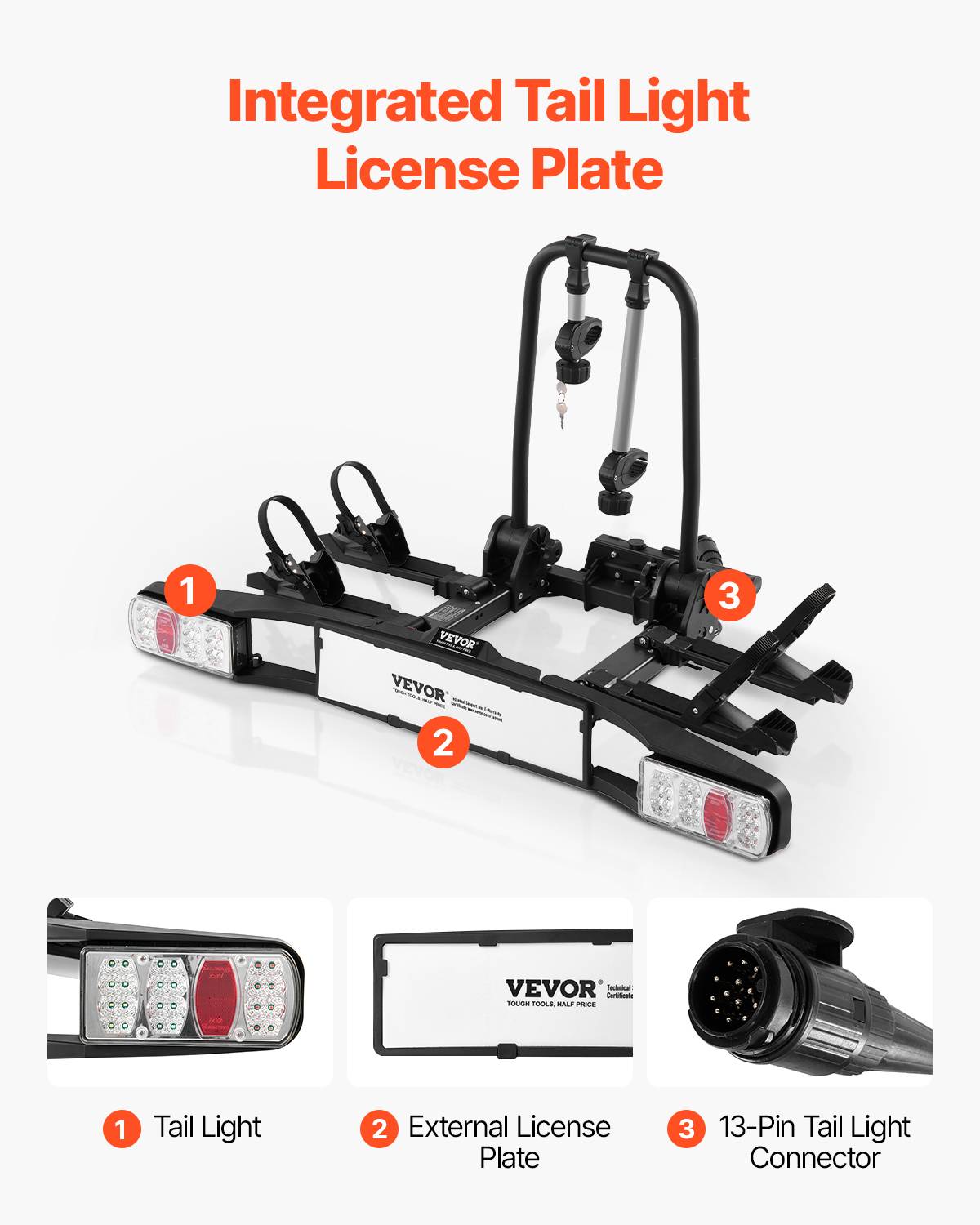 VEVOR Porte-vélos sur attelage, charge 65 kg (2 vélos). Compatible récepteur 5 cm, pliable, feu arrière. - Image 3