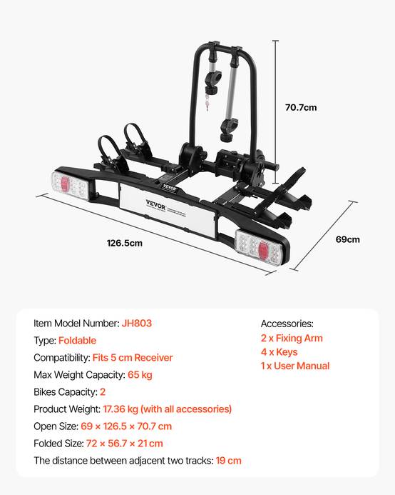 VEVOR Porte-vélos sur attelage, charge 65 kg (2 vélos). Compatible récepteur 5 cm, pliable, feu arrière. - Image 7